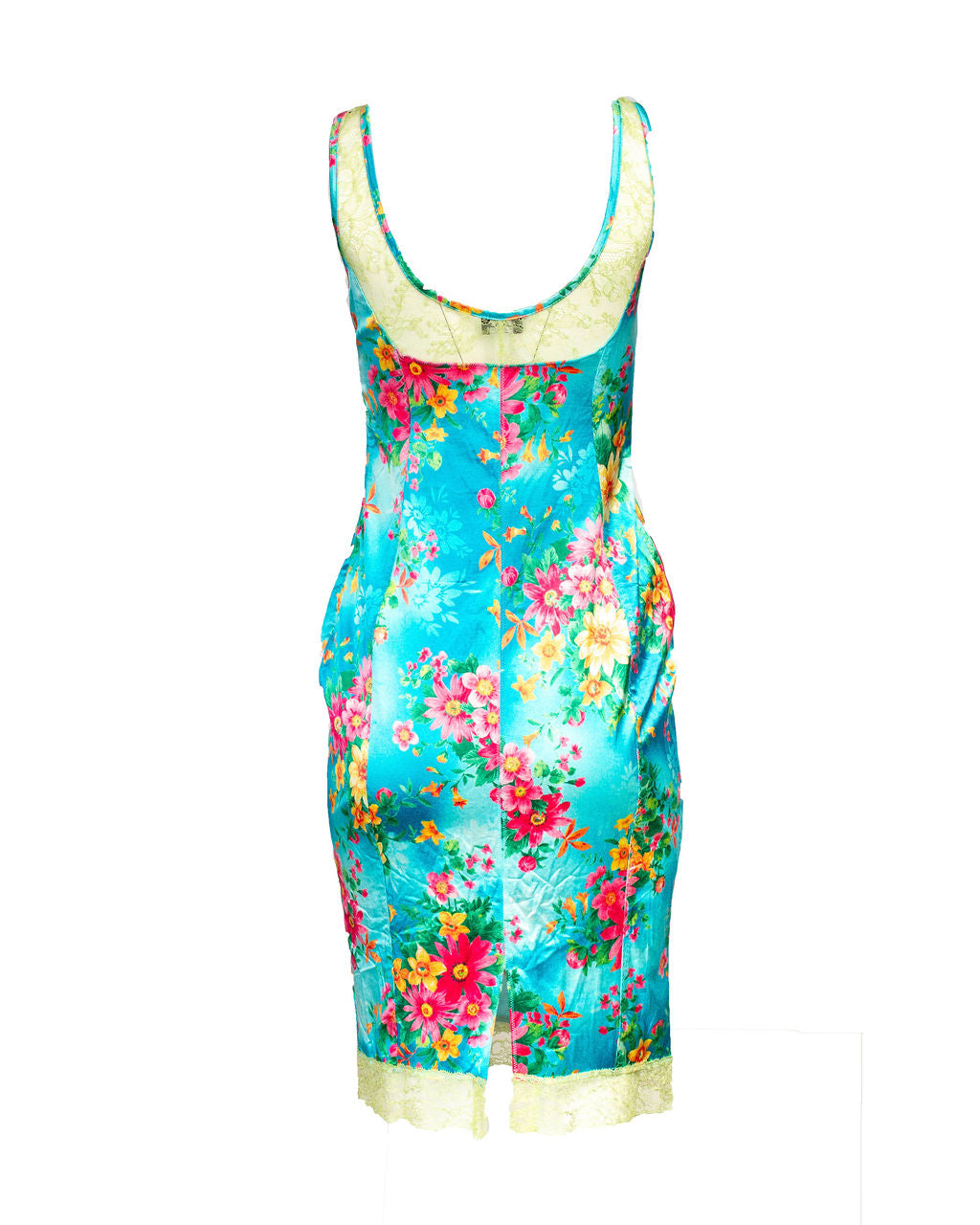 2005 FLORAL BLUE BODYCON DRESS W/ LACE DETAILS