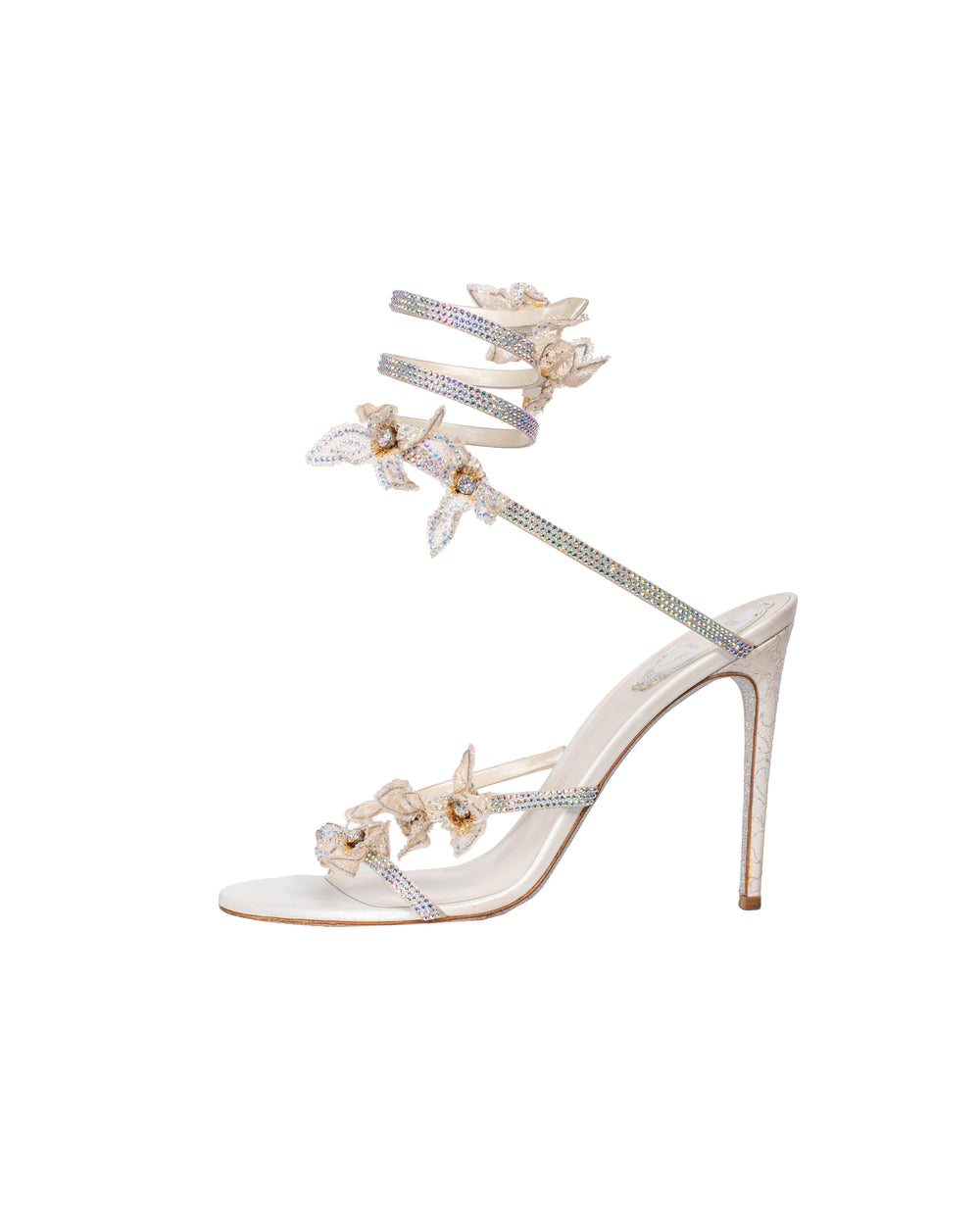 WHITE FLORAL APPLIQUE WRAP AROUND HEELS