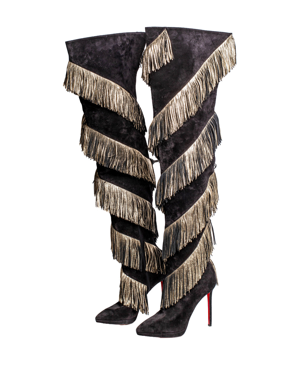 BLACK SUEDE GOLD LEATHER FRINGE BOOTS @CSTORM