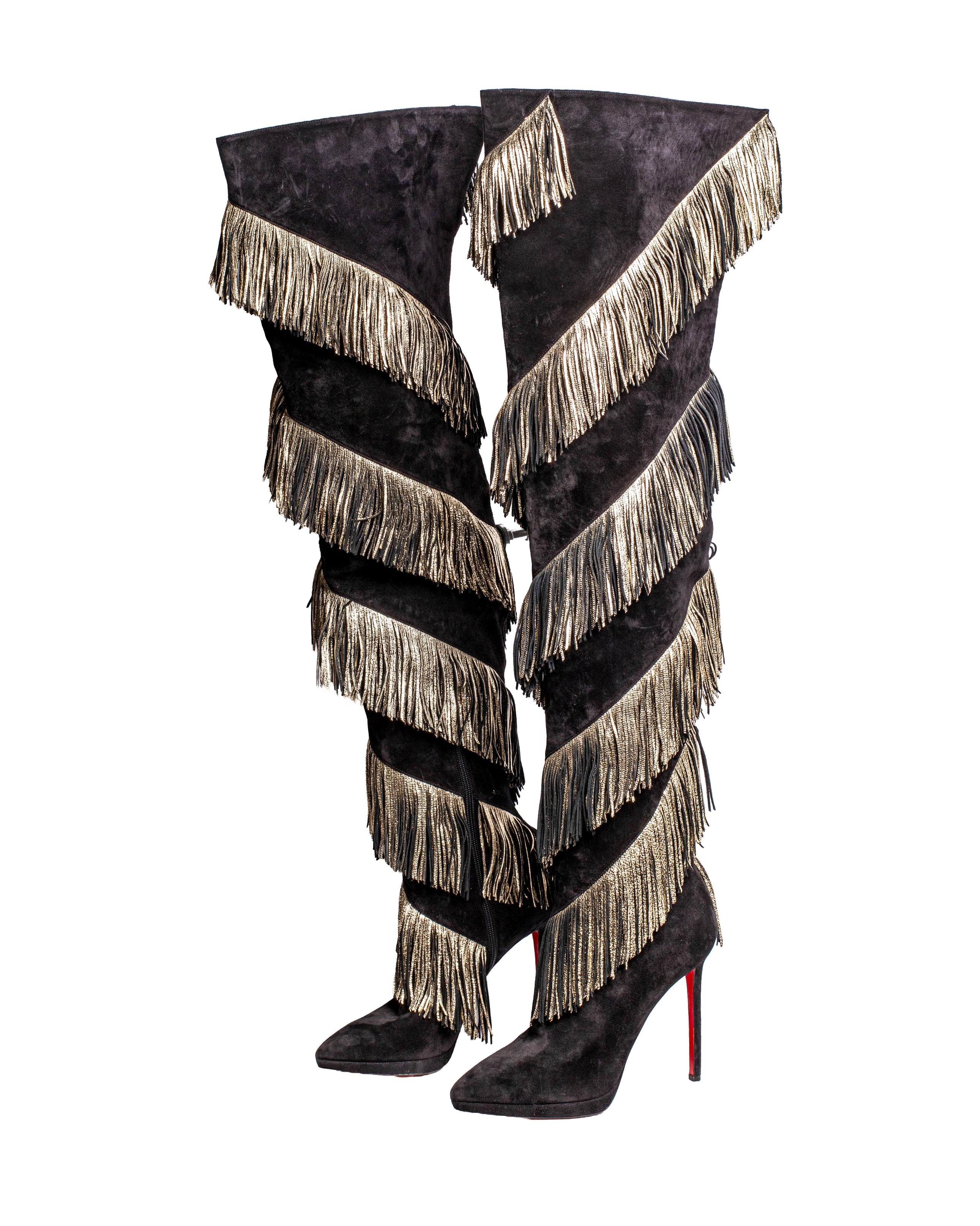 BLACK SUEDE GOLD LEATHER FRINGE BOOTS @CSTORM