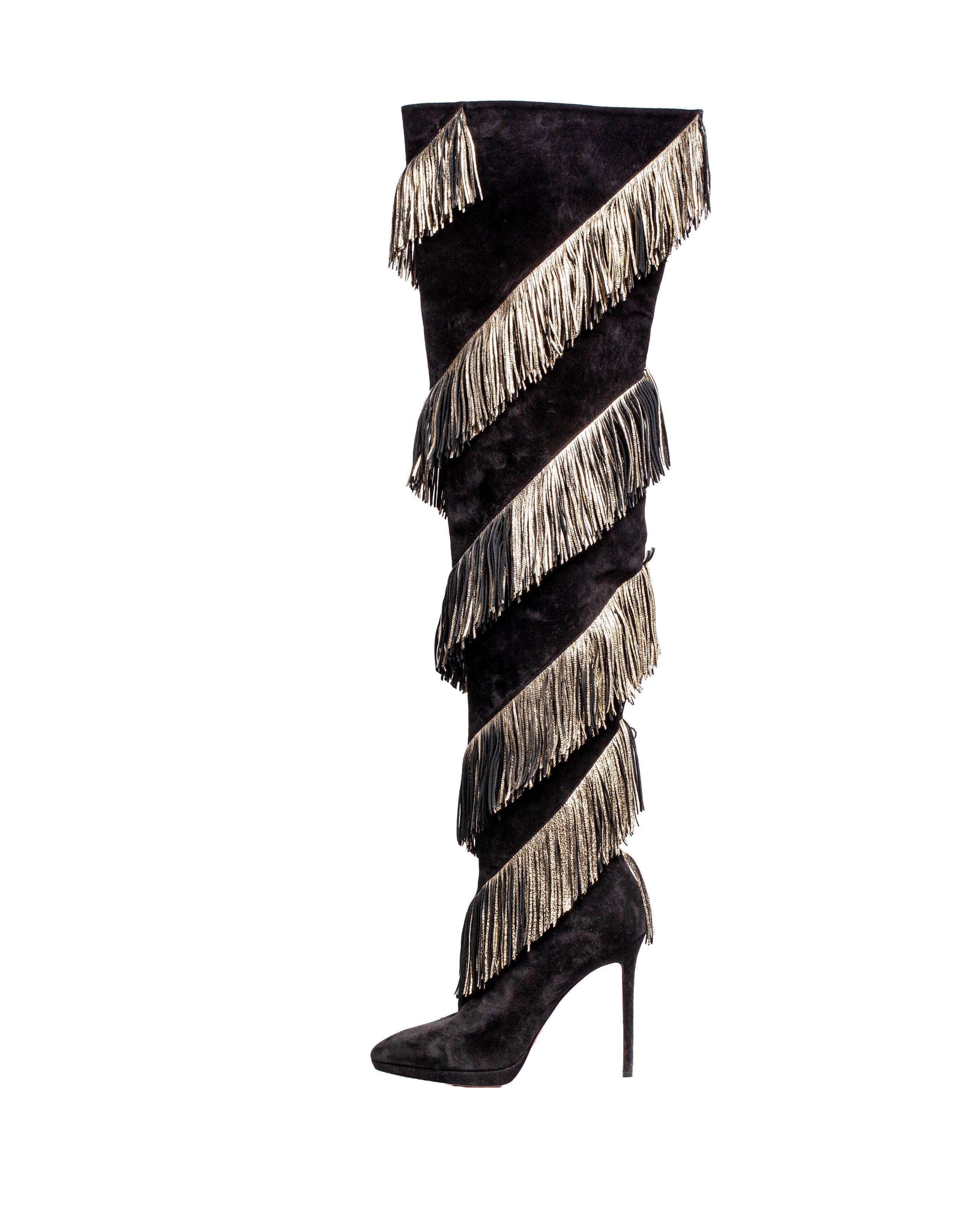 BLACK SUEDE GOLD LEATHER FRINGE BOOTS @CSTORM