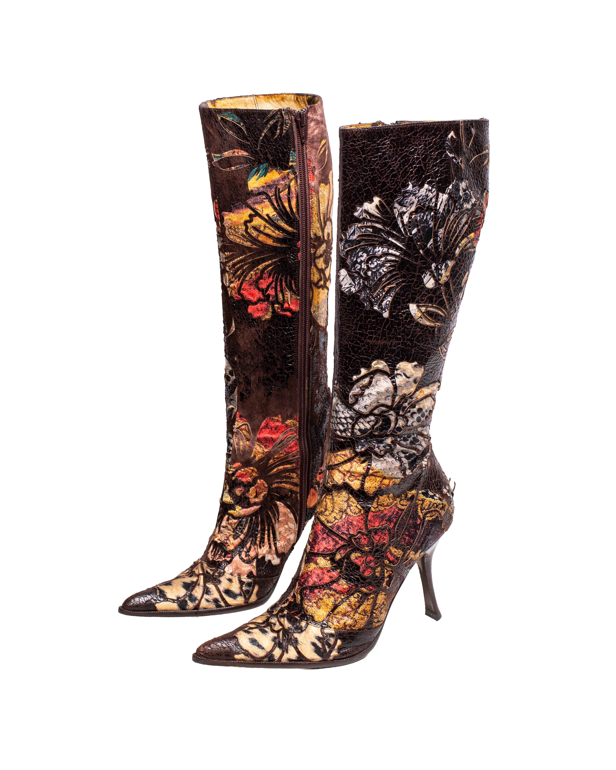 2003 FLORAL BURNOUT LEATHER APPLIQUE SUEDE BOOTS