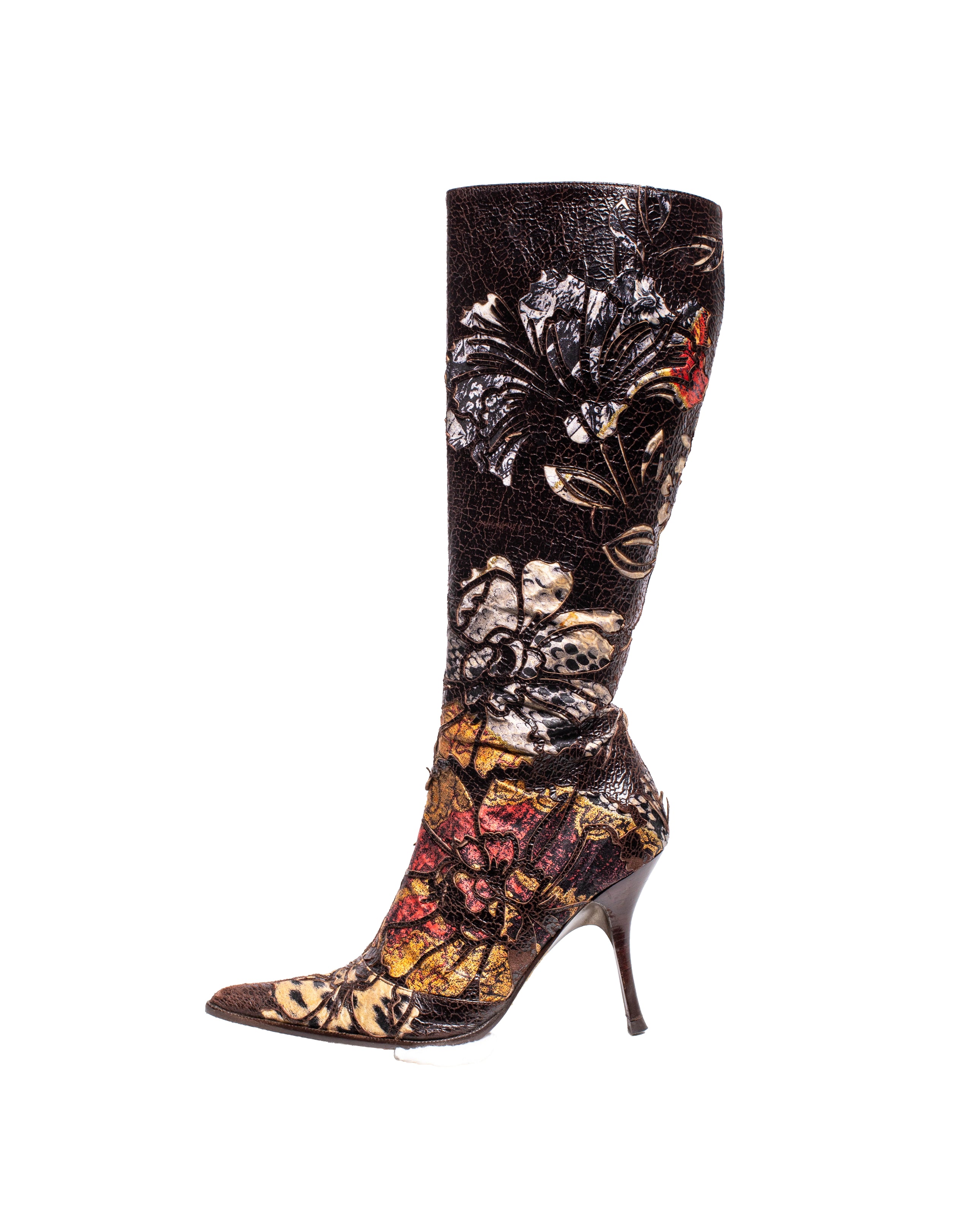 2003 FLORAL BURNOUT LEATHER APPLIQUE SUEDE BOOTS