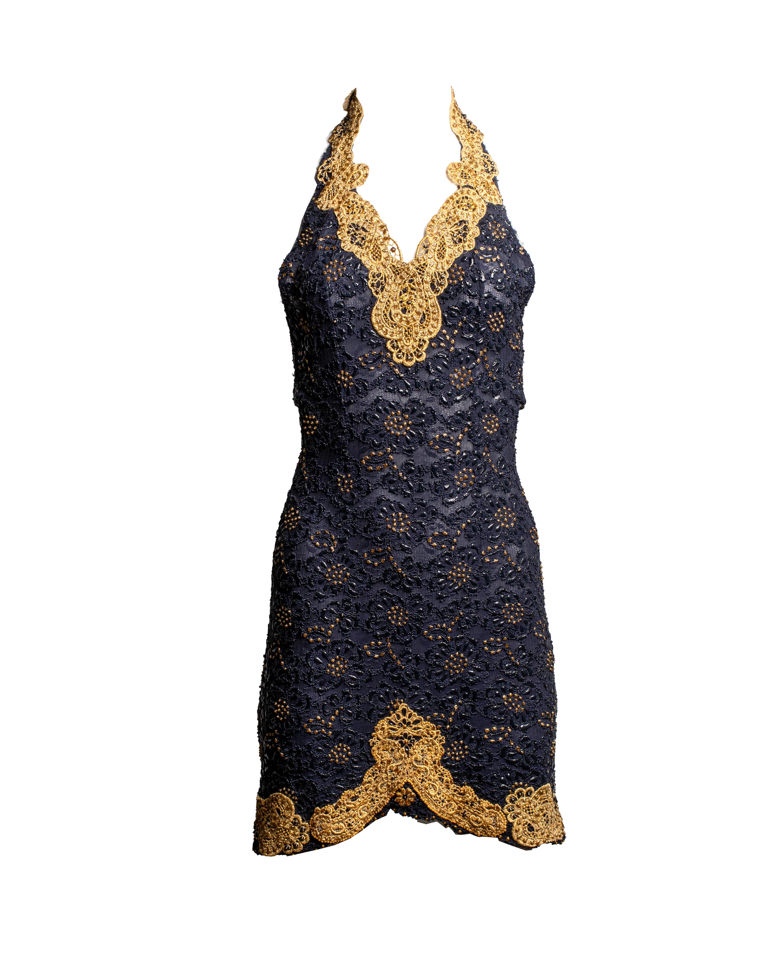 00S RARE HANDPAINTED GOLD/NAVY KNIT HALTER DRESS