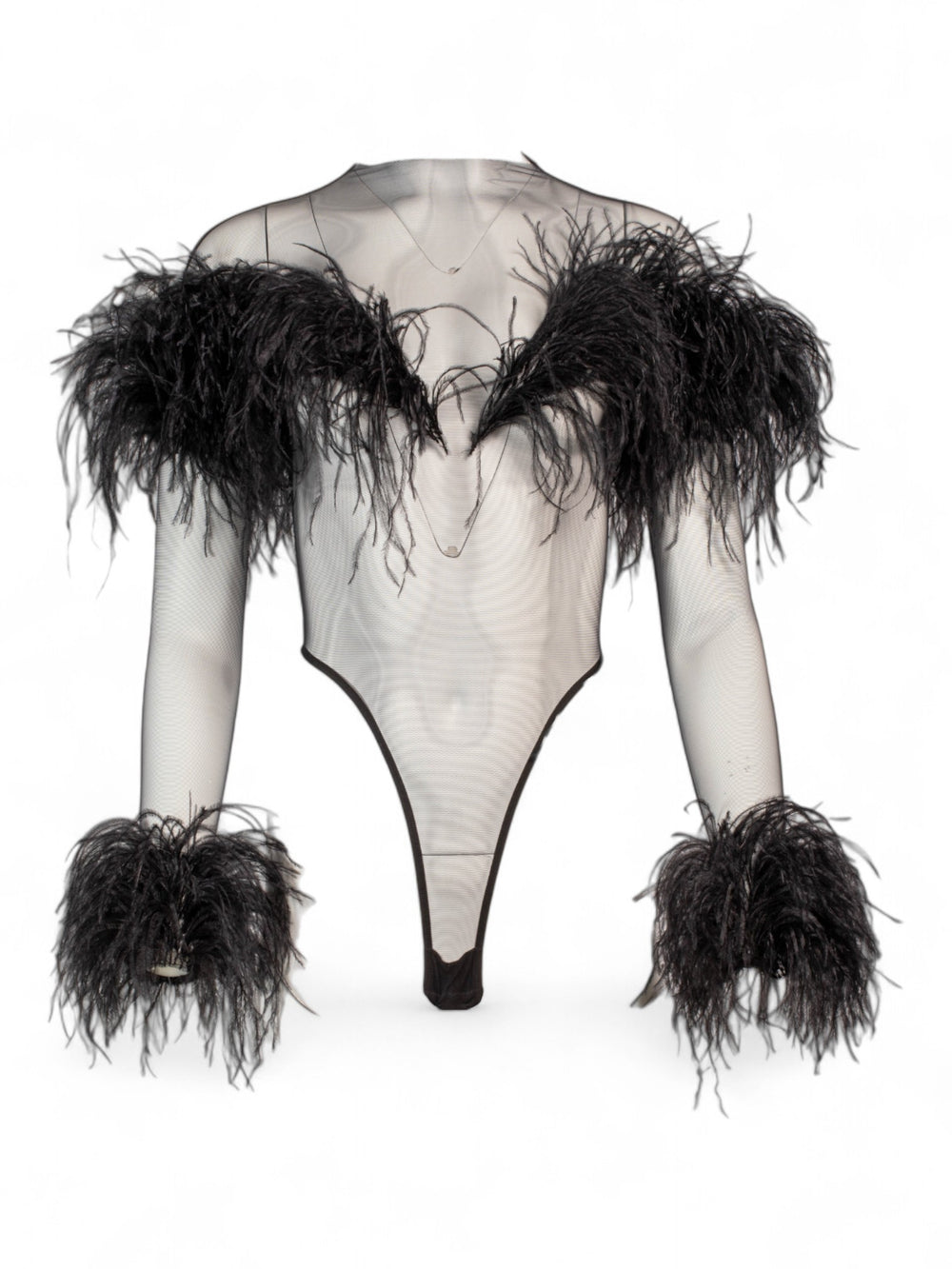 BLACK FEATHER TRIM MESH BODYSUIT @ARY
