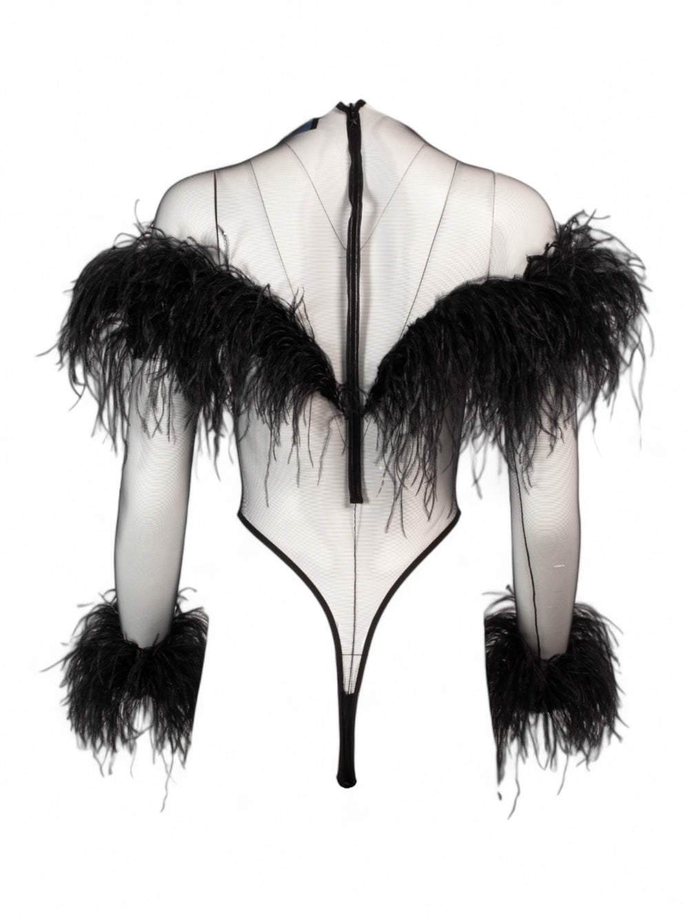 BLACK FEATHER TRIM MESH BODYSUIT @ARY