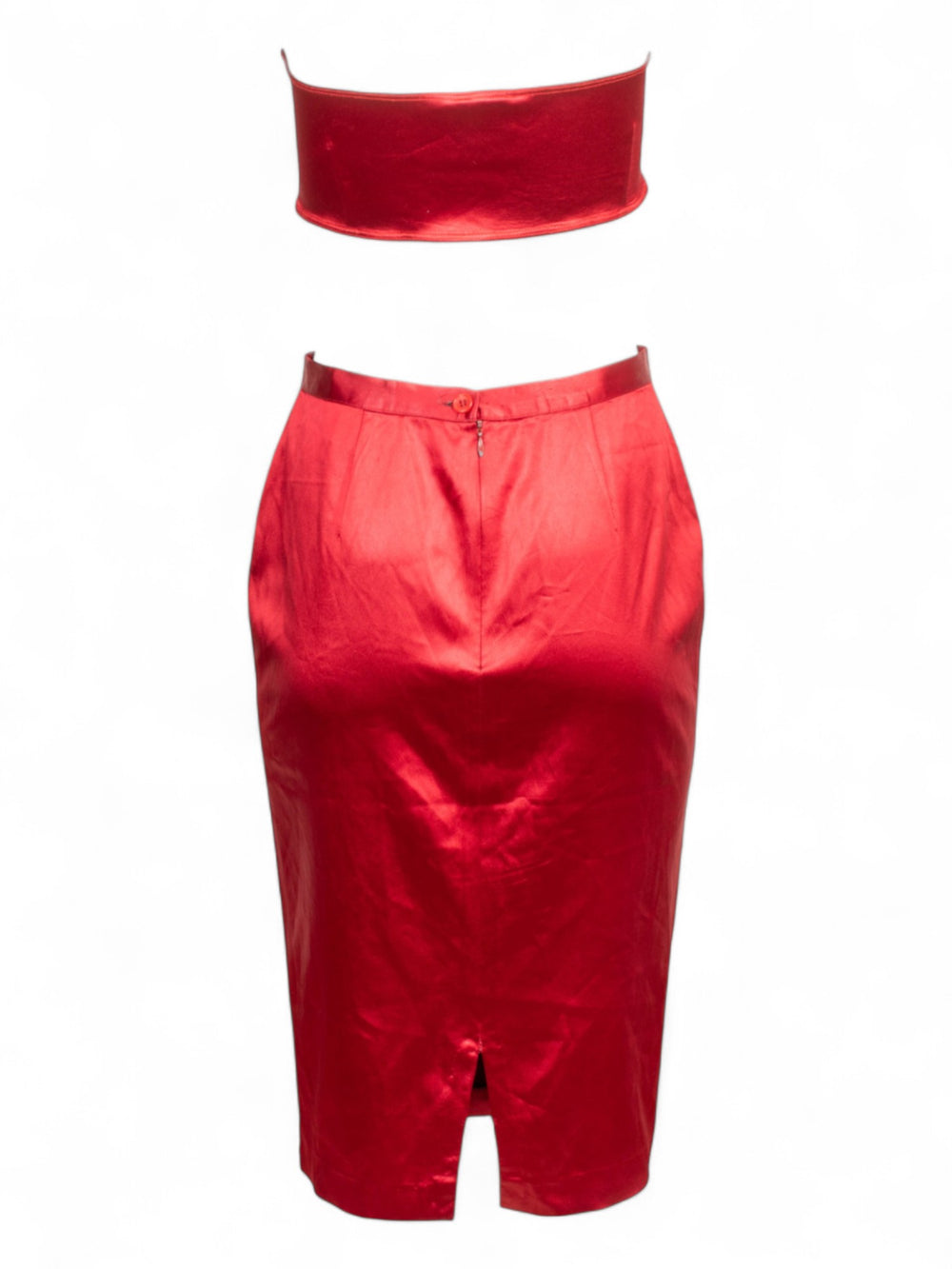 RED SATIN CROPPED TUBE TOP/MIDI SKIRT SET