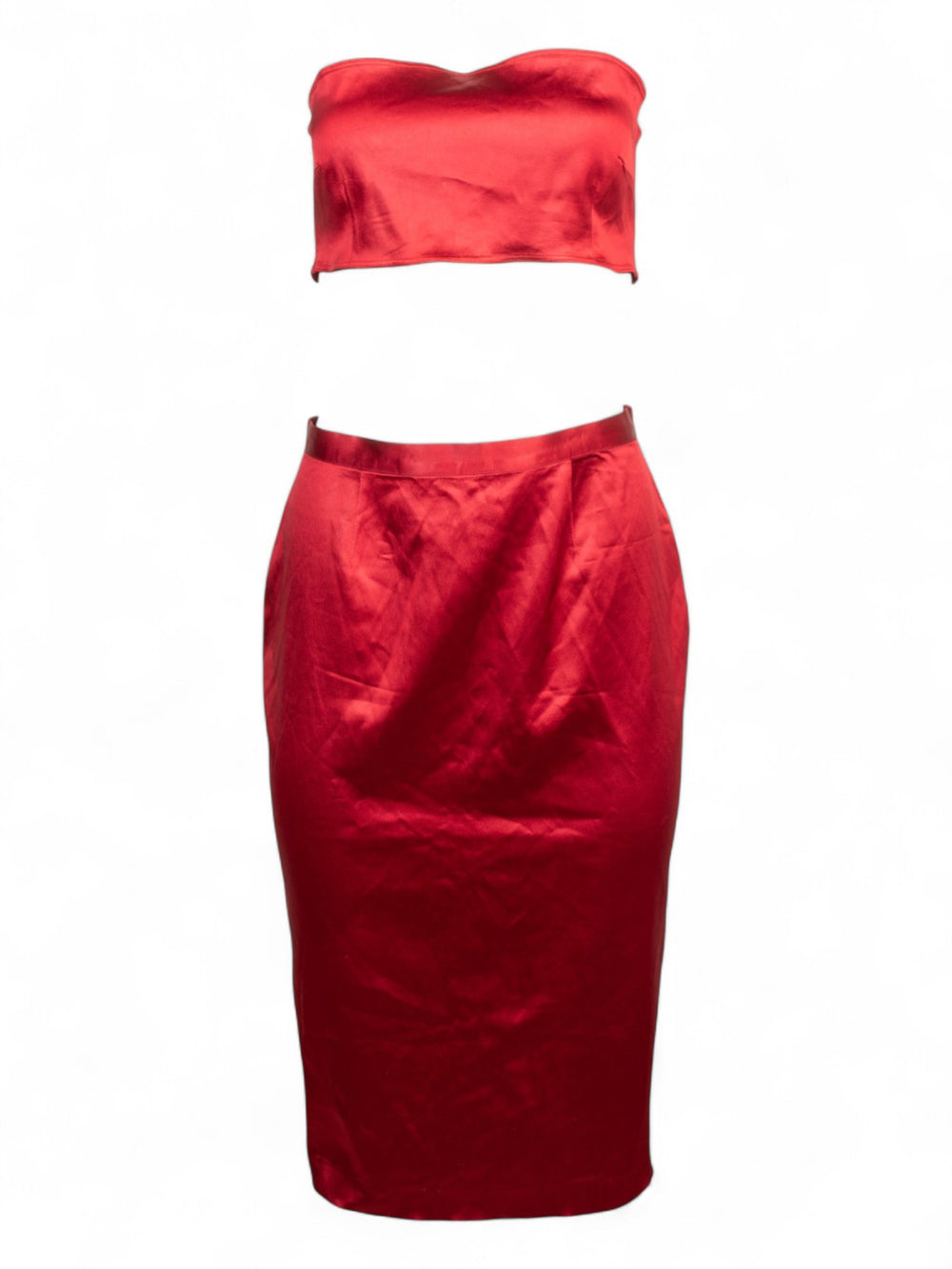 RED SATIN CROPPED TUBE TOP/MIDI SKIRT SET