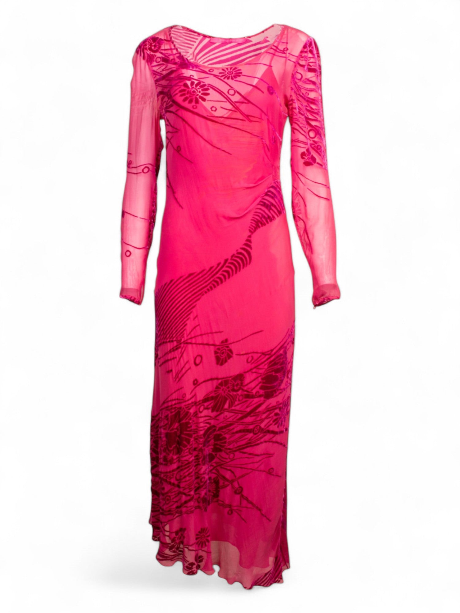 00S PINK SHEER L/S MAXI DRESS W VELVET DETAILS & SLIP
