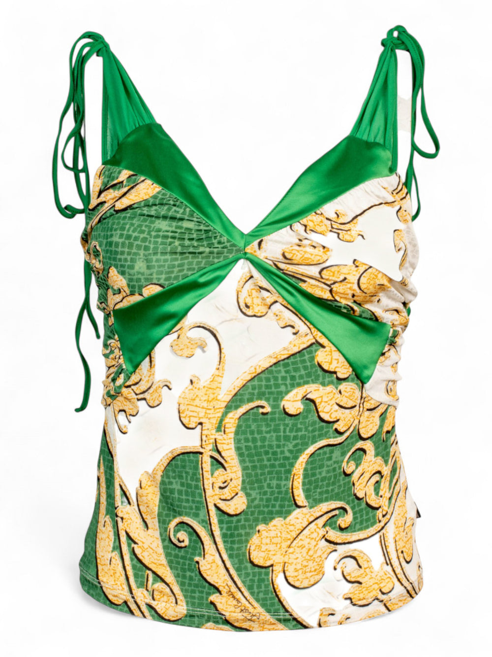 GREEN ORNATE PRINTED TOP & SATIN SHORTS SET