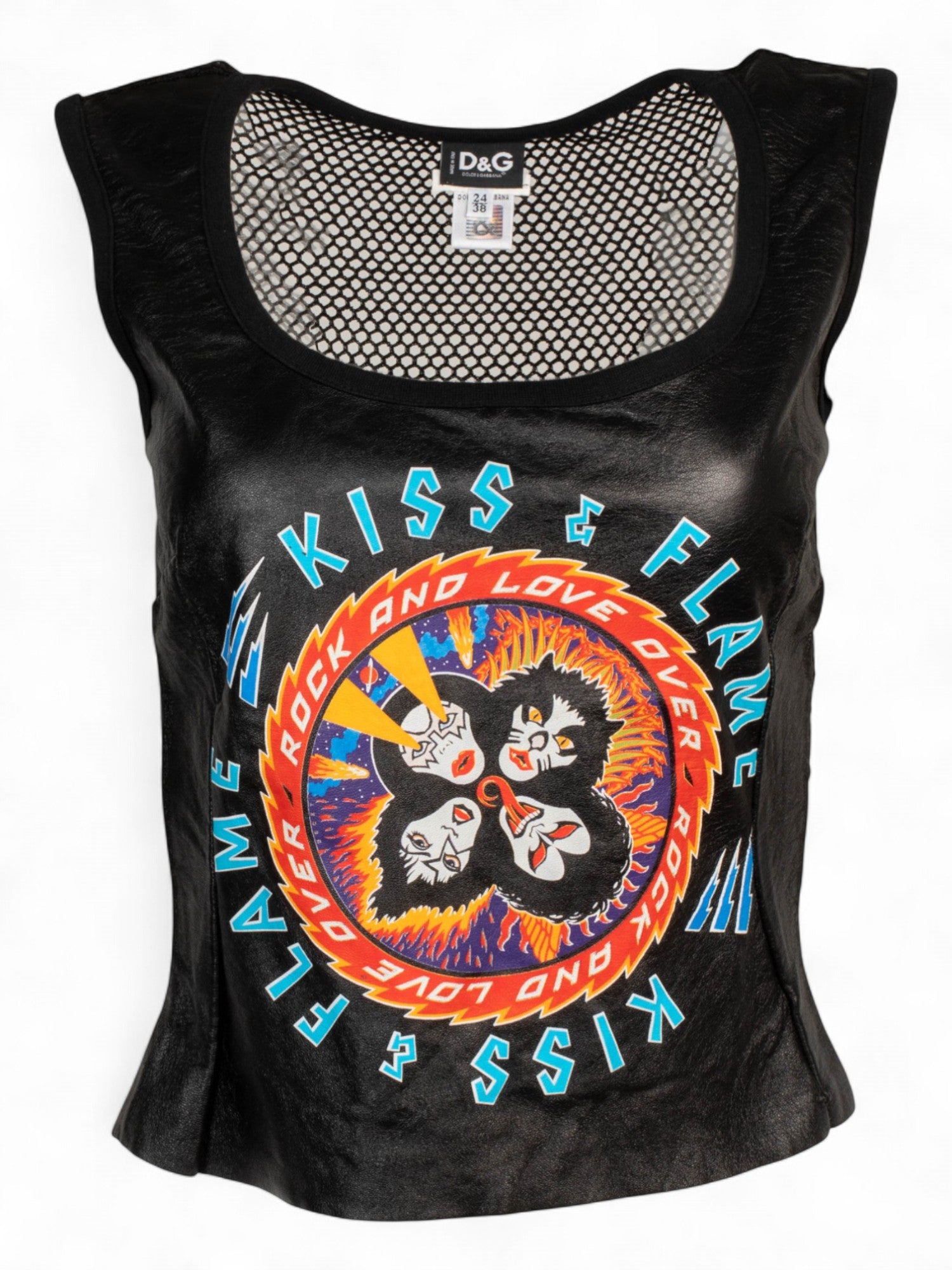"KISS & FLAME" BLACK FISHNET/LEATHER TANK
