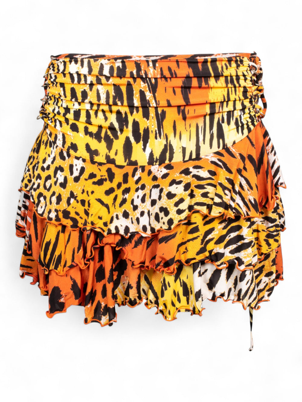 TIGER/CHEETAH PRINTED ORANGE RUFFLED MINI SKIRT
