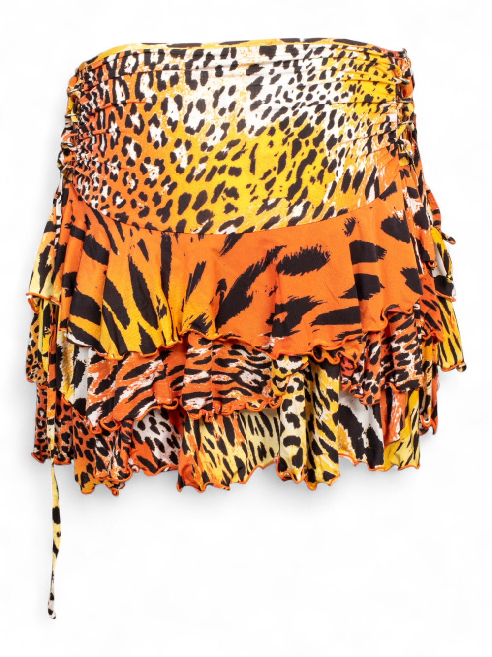TIGER/CHEETAH PRINTED ORANGE RUFFLED MINI SKIRT