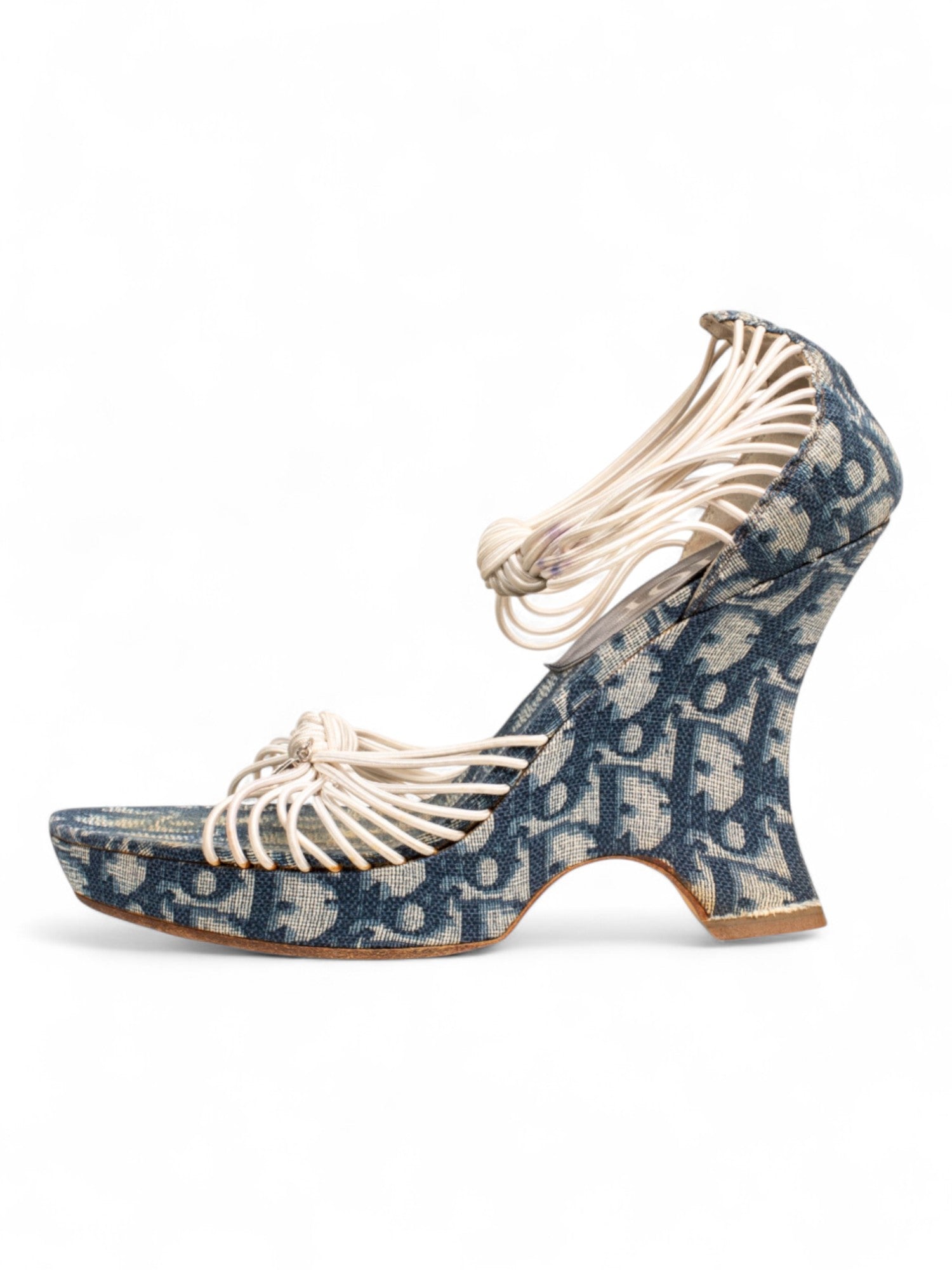 NAVY MONOGRAM STRAPPY WEDGE HEELS