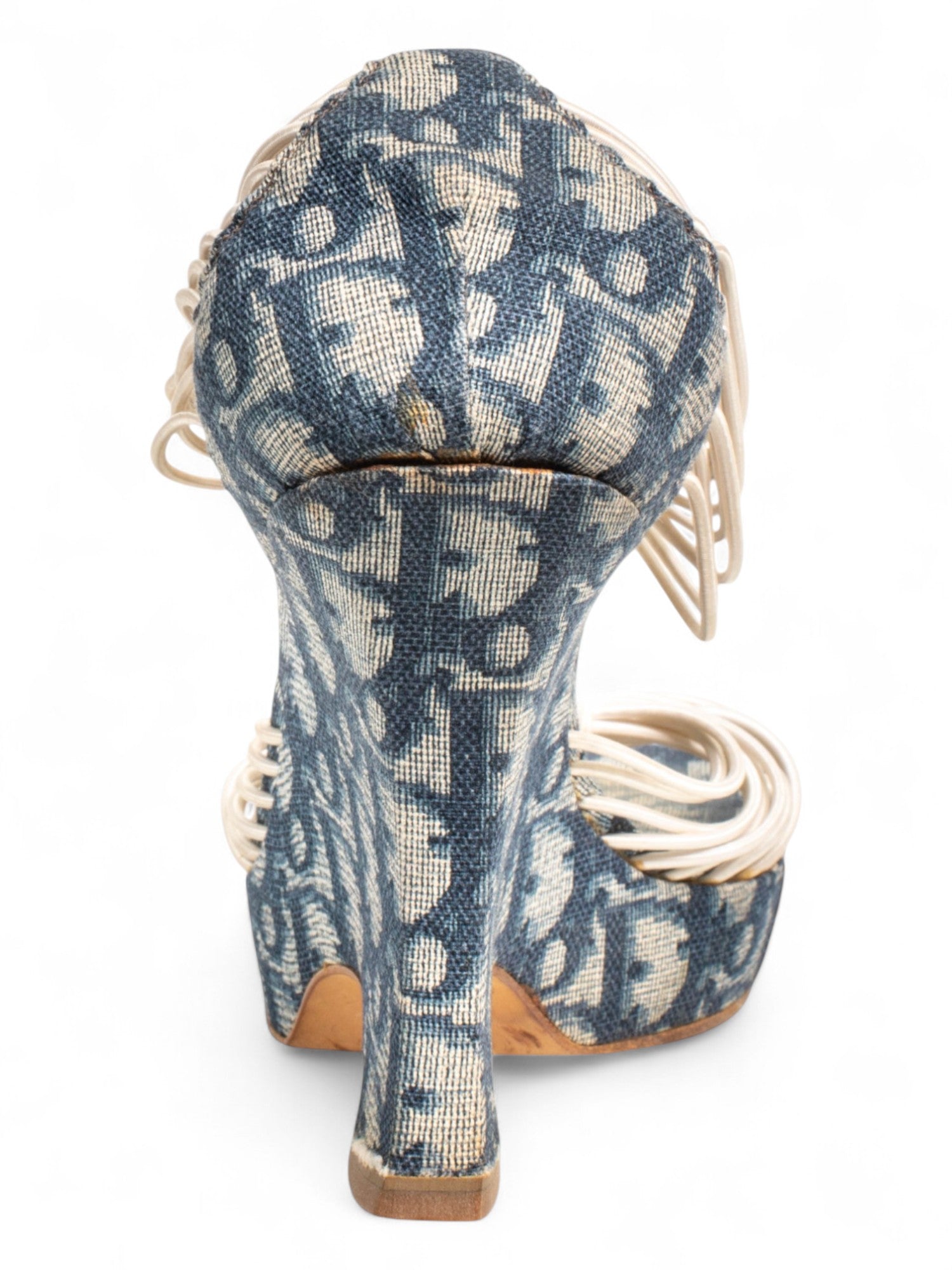NAVY MONOGRAM STRAPPY WEDGE HEELS
