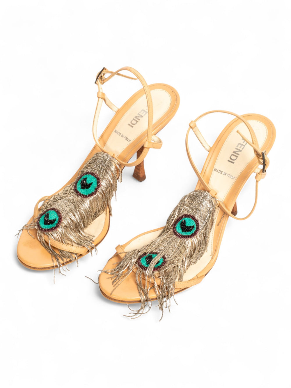 PEACOCK FRINGE SANDAL HEELS