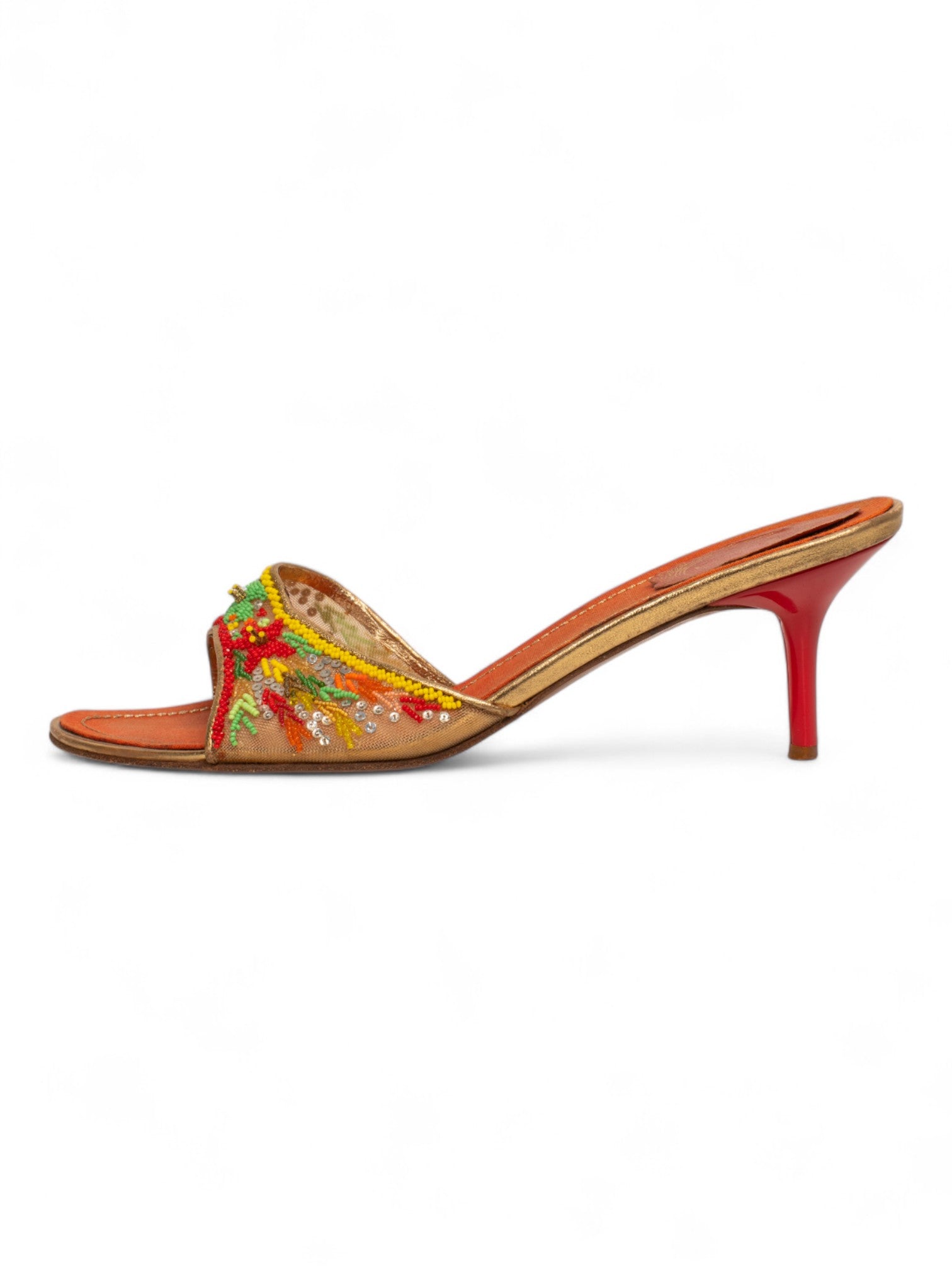 90s MULTICOLOR HAND BEADED SANDAL HEELS