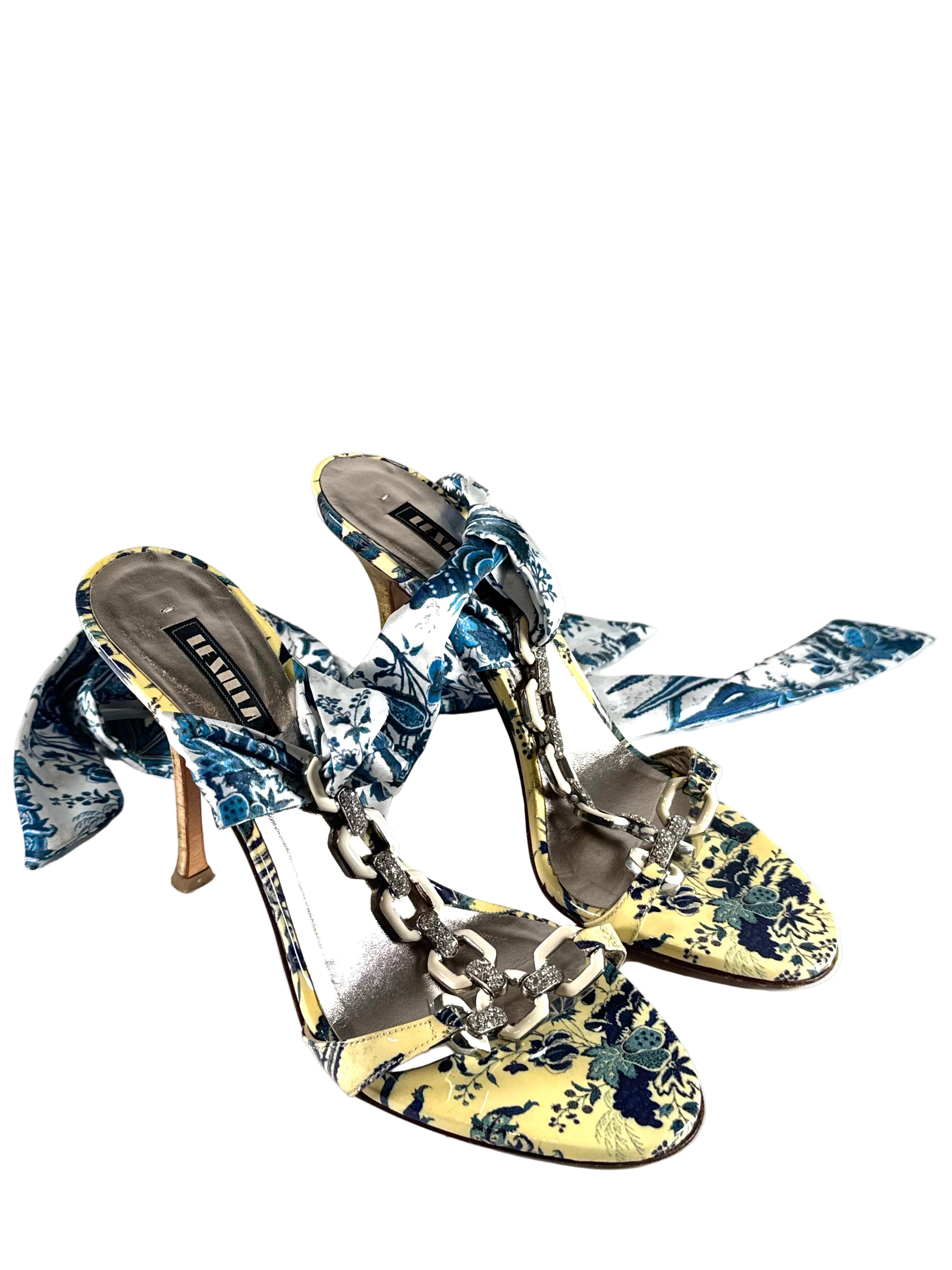 YELLOW & BLUE FLORAL STONED WRAP HEELS @JKOVA
