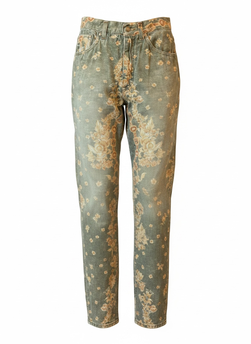 90S FADED GREEN/GOLD ORNATE FLORAL JEANS