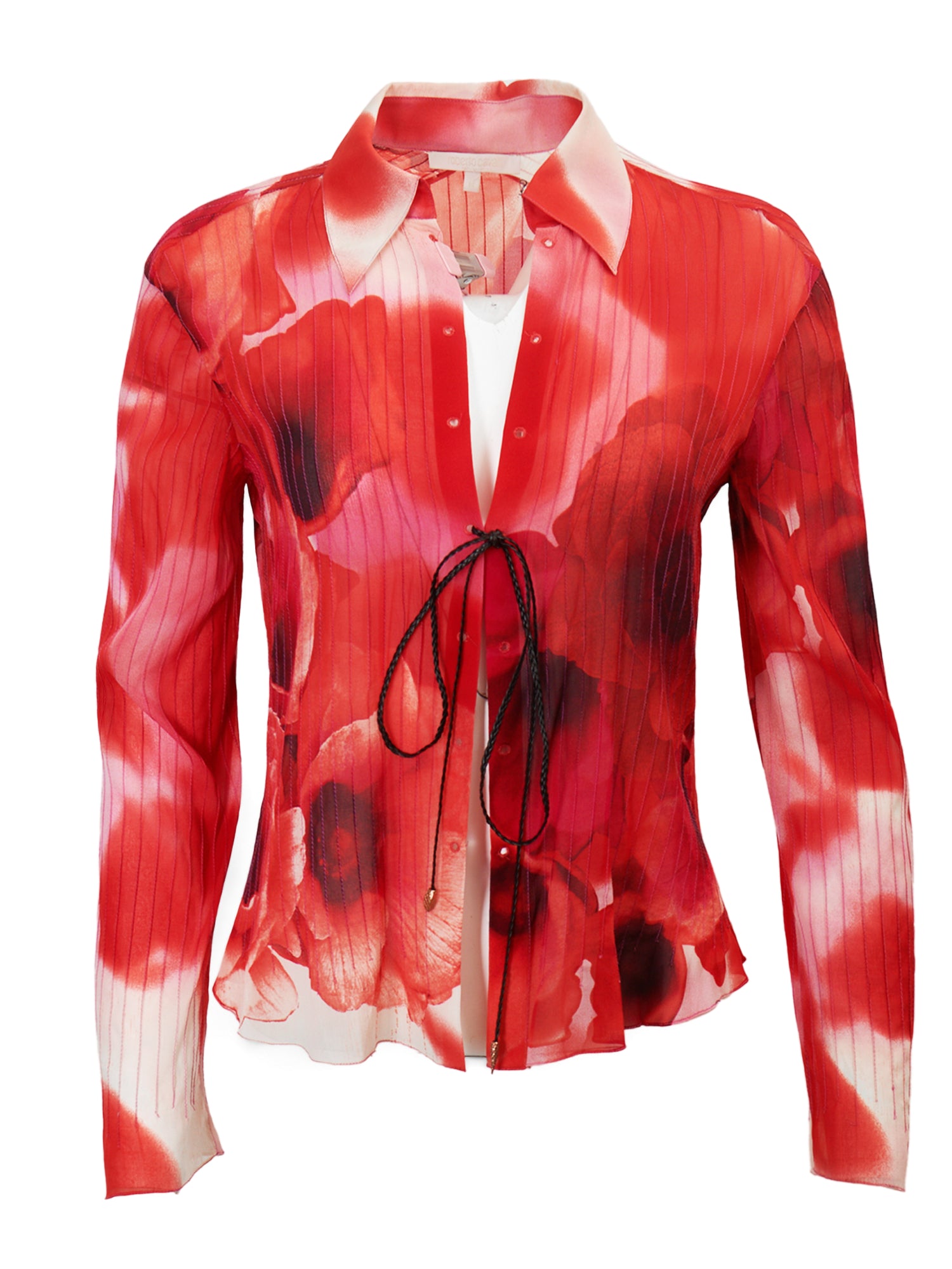 ROSE PRINTED SILK PLEATED L/S TOP W LEATHER TIES