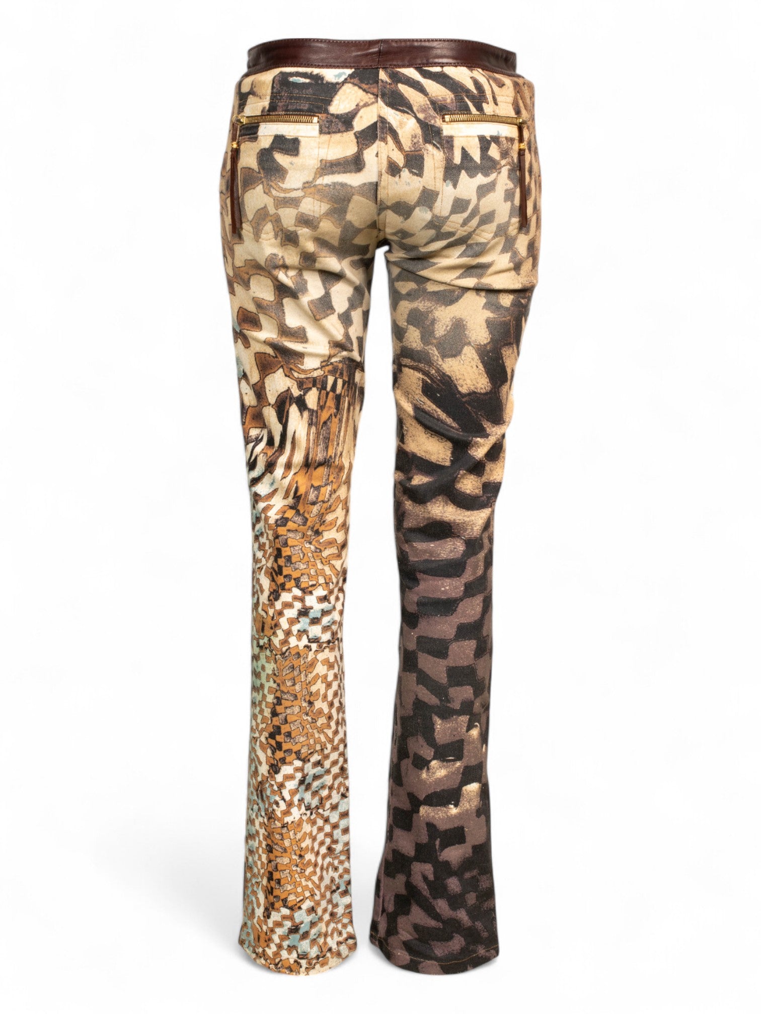 FW03 BROWN PRINTED JEANS W LEATHER TRIM