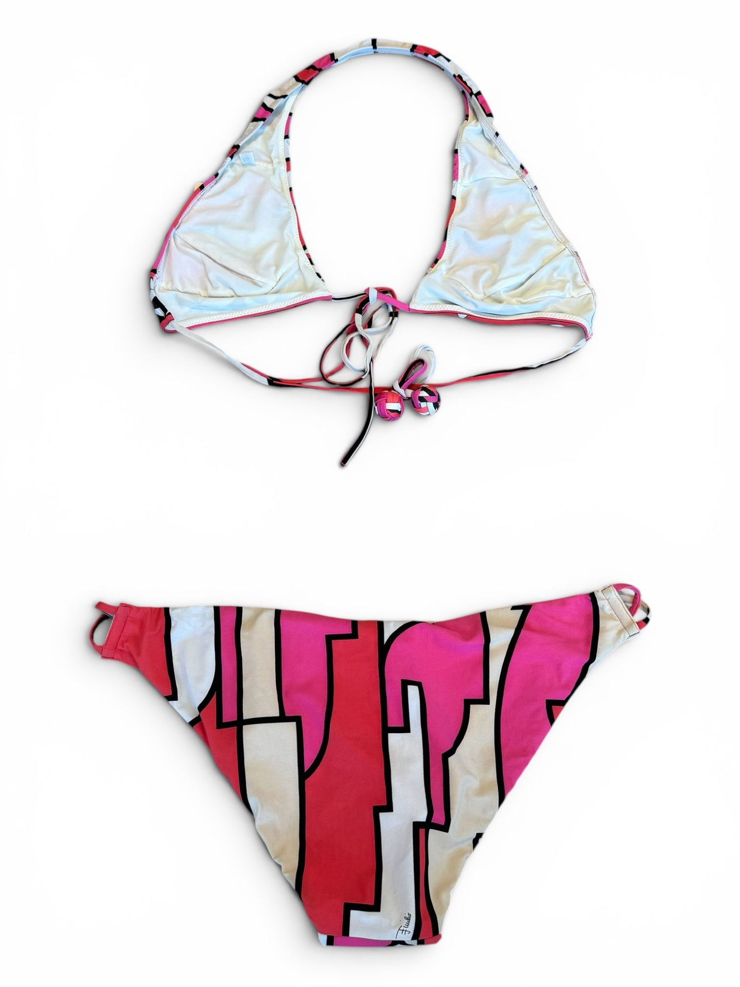 PINK/WHITE/BLACK GEOMETRIC PRINTED 2PC BIKINI W TASSELS