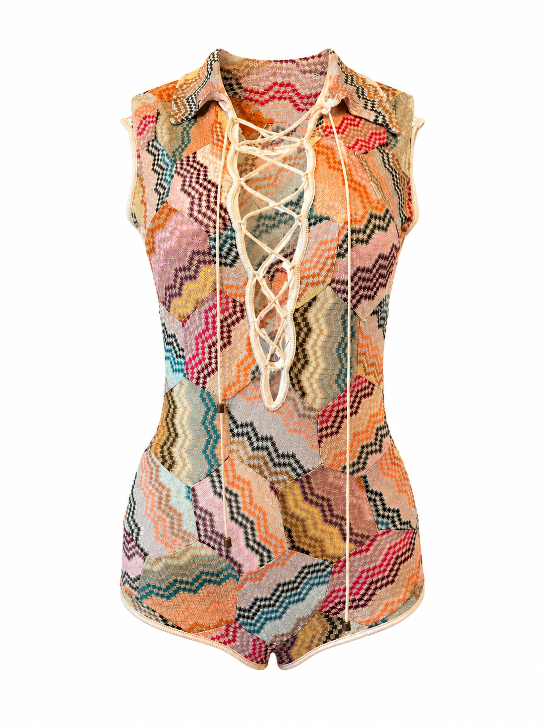 RARE CHEVRON KNIT PASTEL LACE UP ROMPER