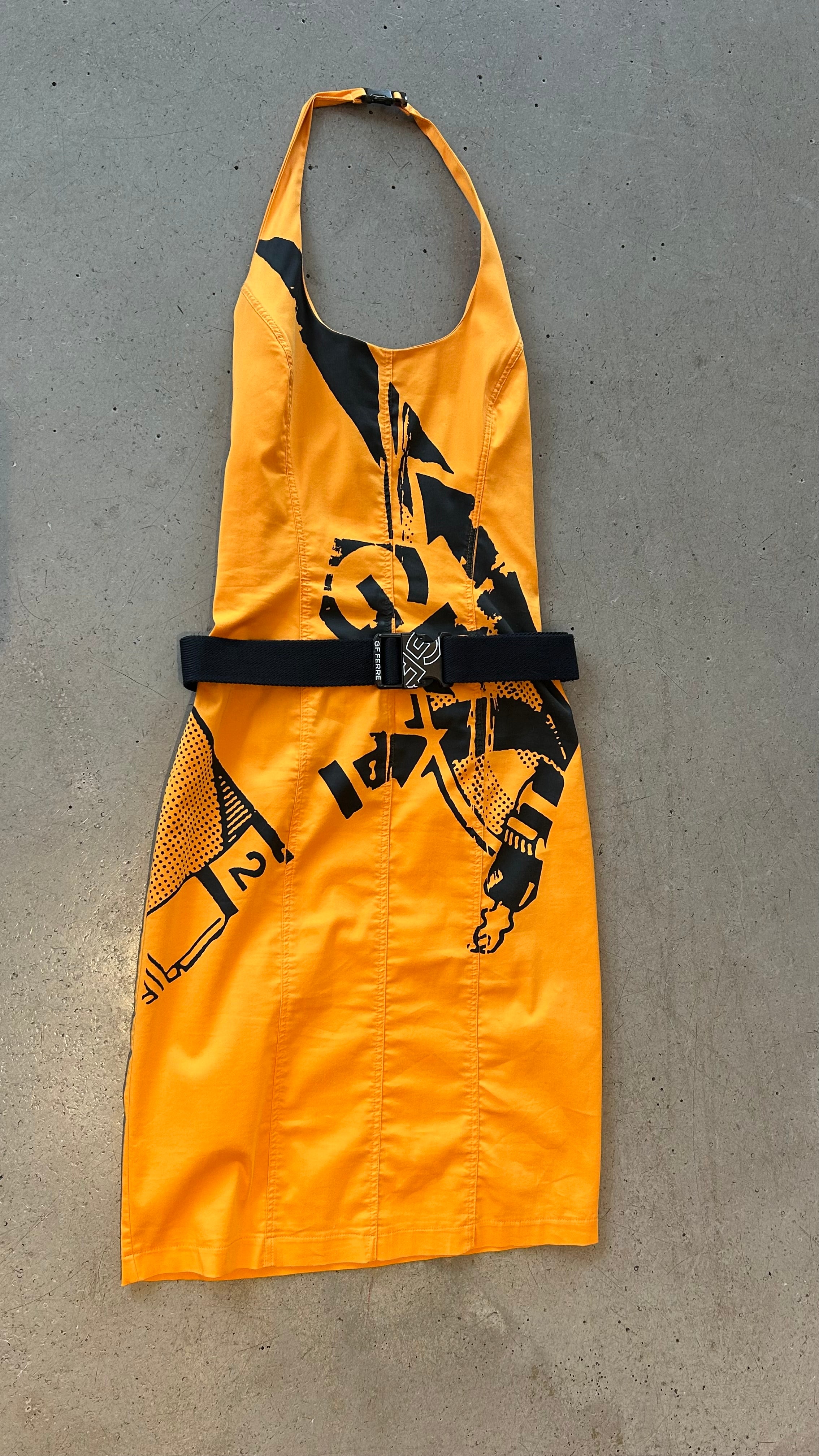 ORANGE & BLACK BUCKLE GRAPHIC BELTED CARGO DRESS