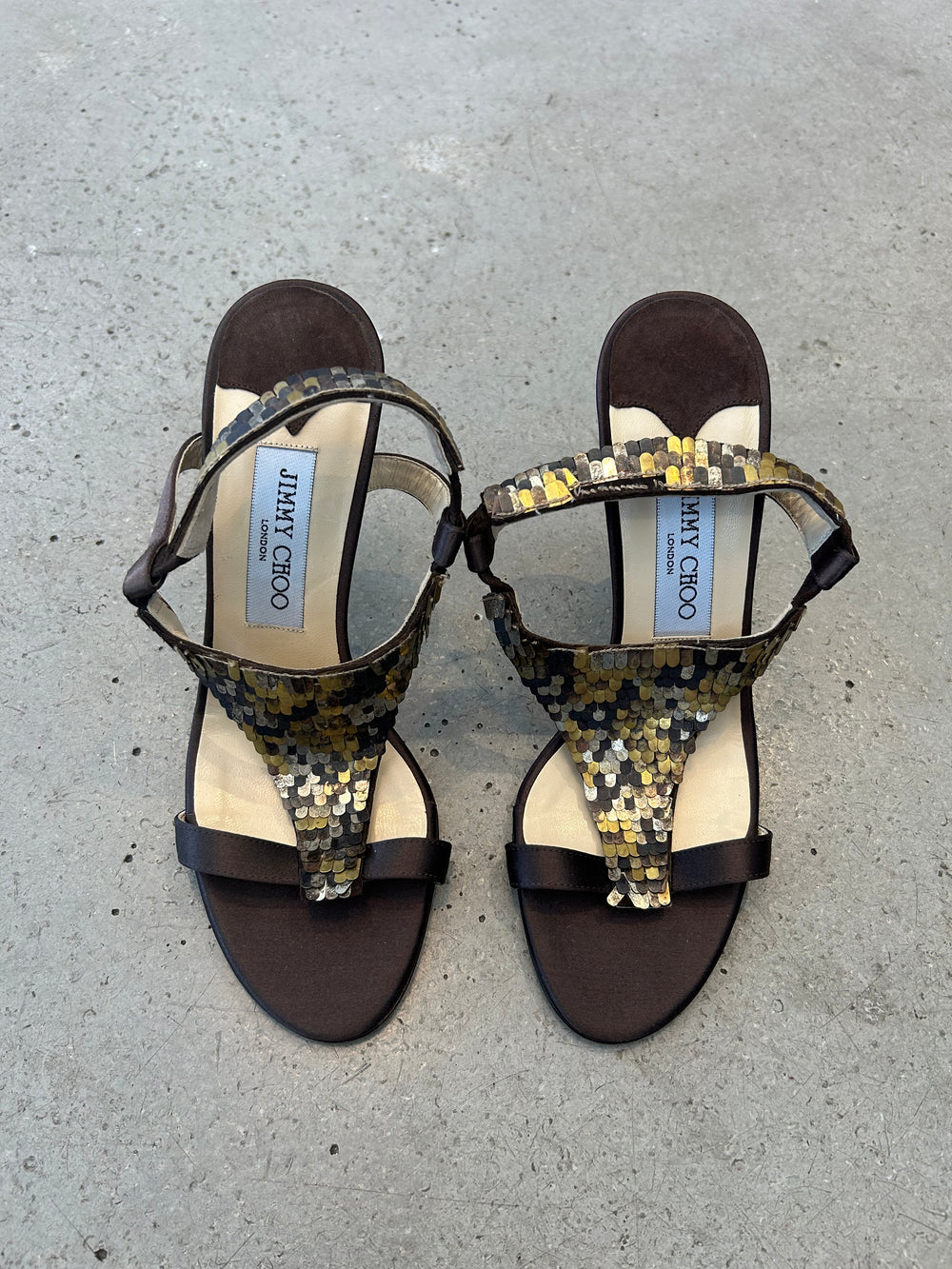 LAYERED SEQUIN BROWN SATIN HEELS
