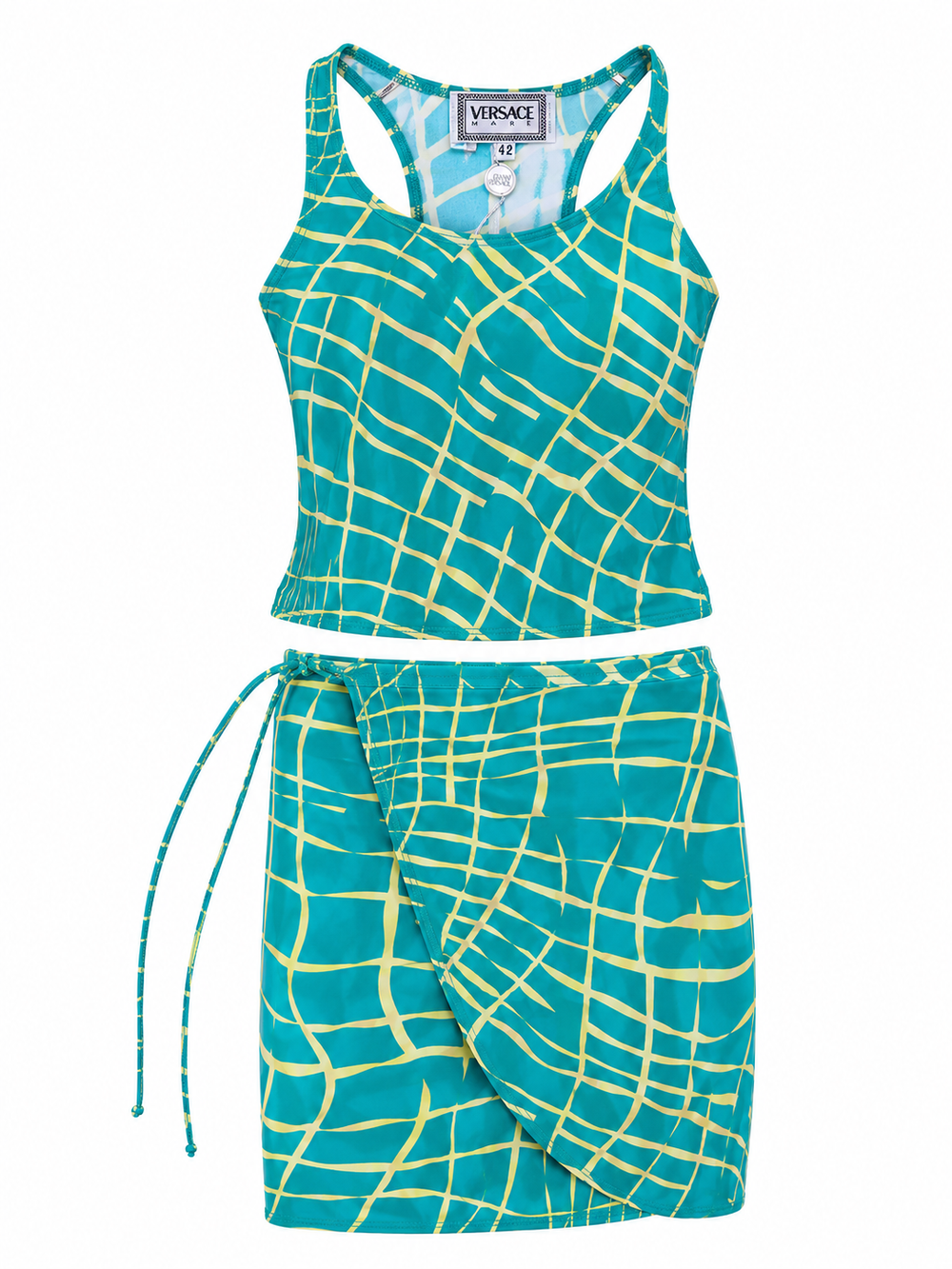90S TEAL/YELLOW ABSTRACT TANKINI/WRAP SKIRT (NWT)