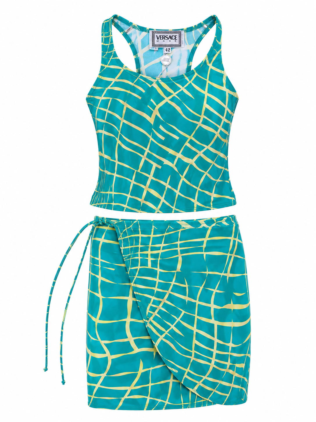 90S TEAL/YELLOW ABSTRACT TANKINI/WRAP SKIRT (NWT)