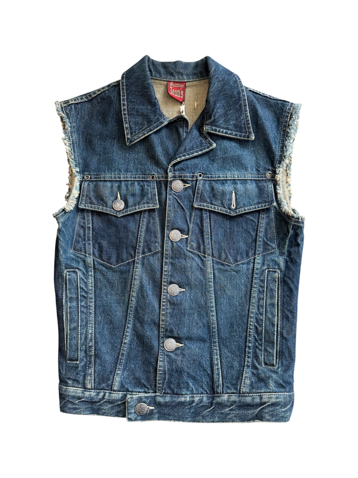 DARK-WASH DENIM VEST W FRAYED SLEEVES (NWT) @SM
