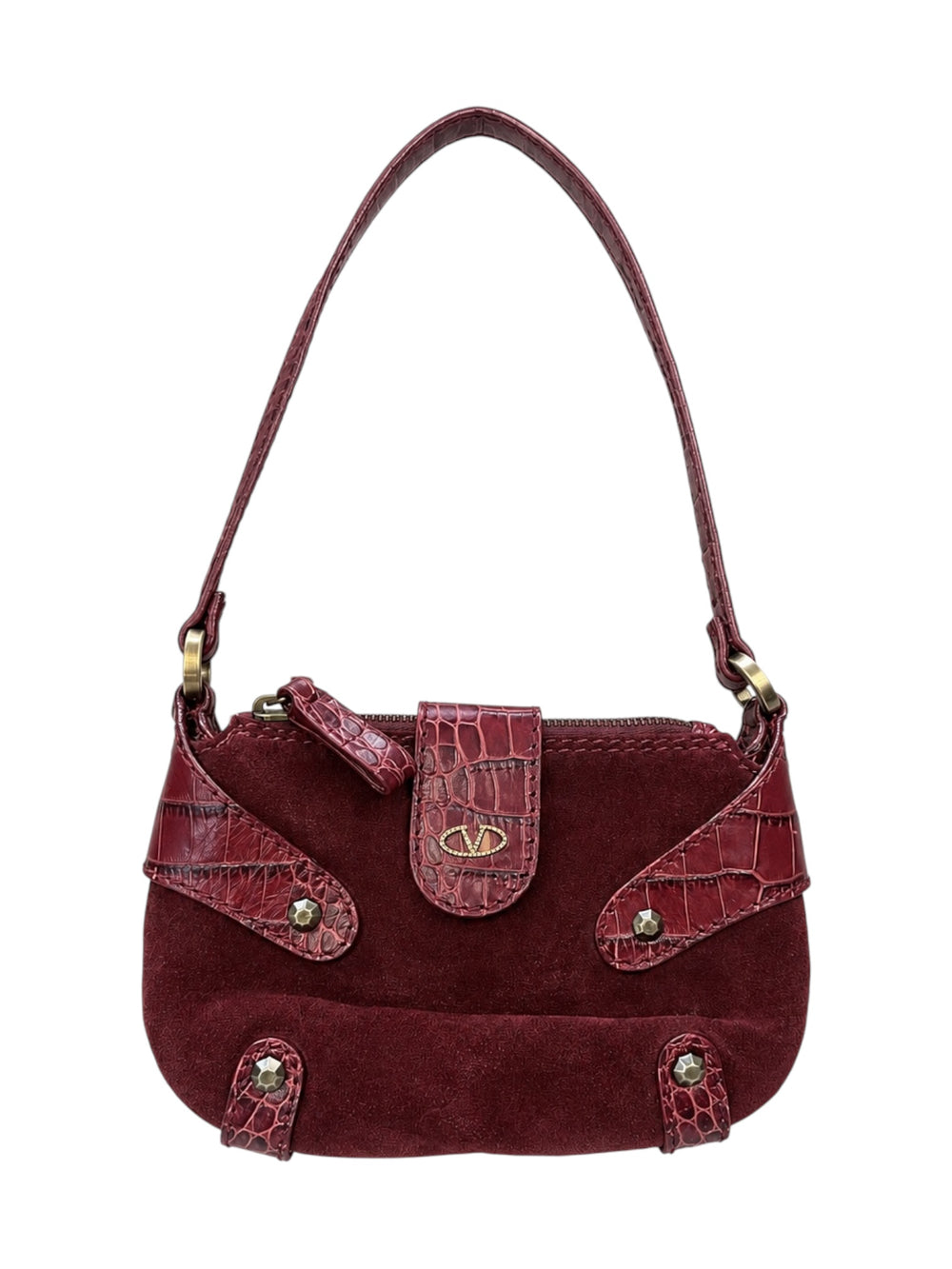 BURGUNDY SUEDE AND CROC EMBOSSED MINI SHOULDER BAG