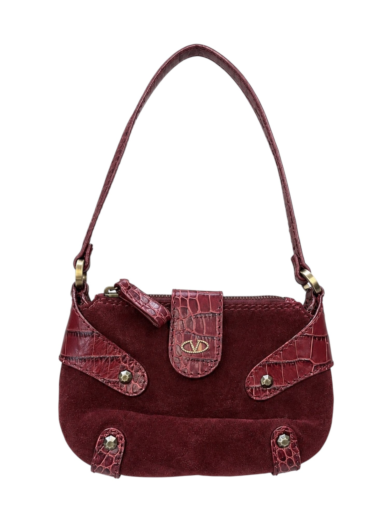 BURGUNDY SUEDE AND CROC EMBOSSED MINI SHOULDER BAG