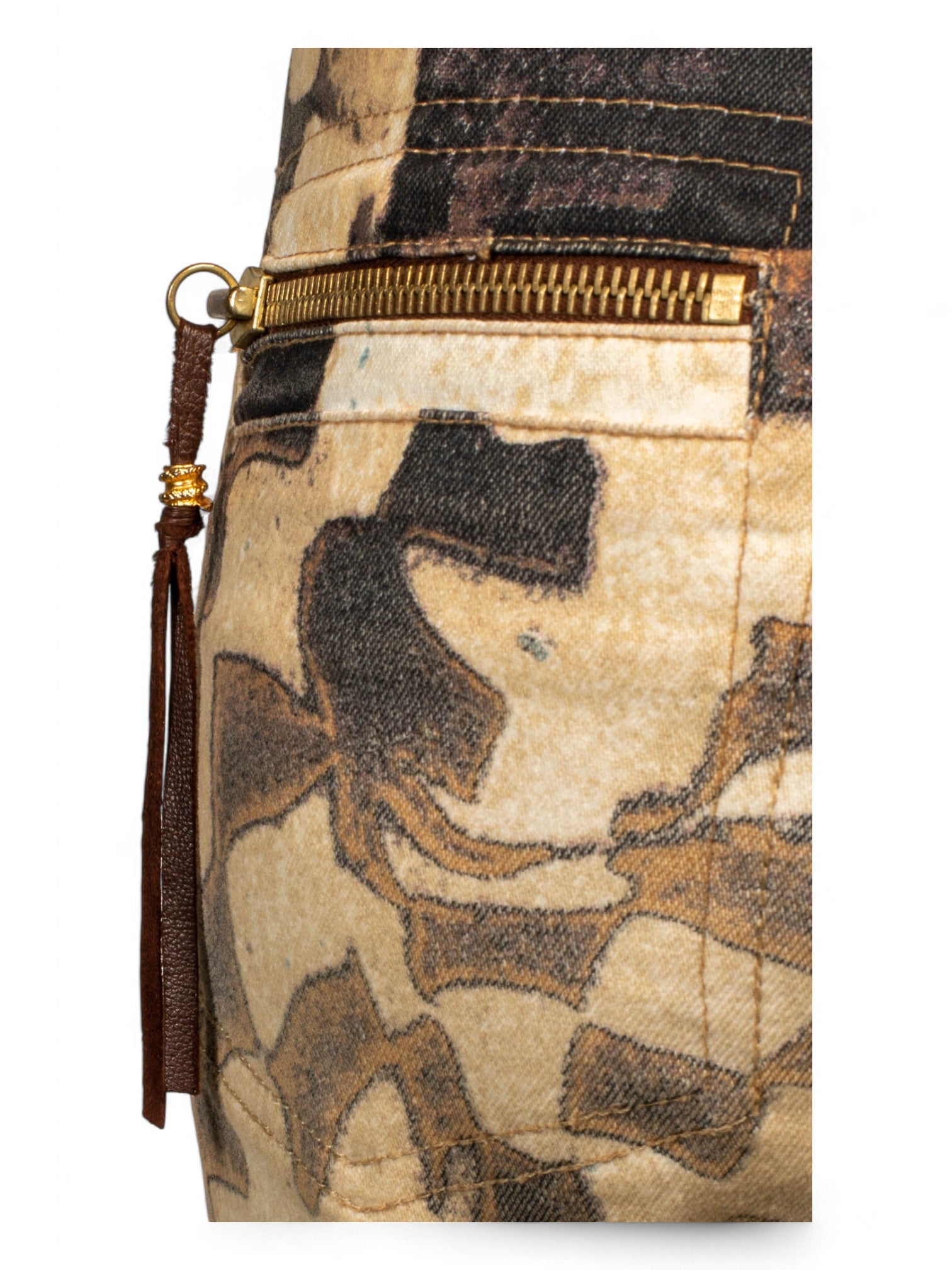 FW03 BROWN PRINTED JEANS W LEATHER TRIM