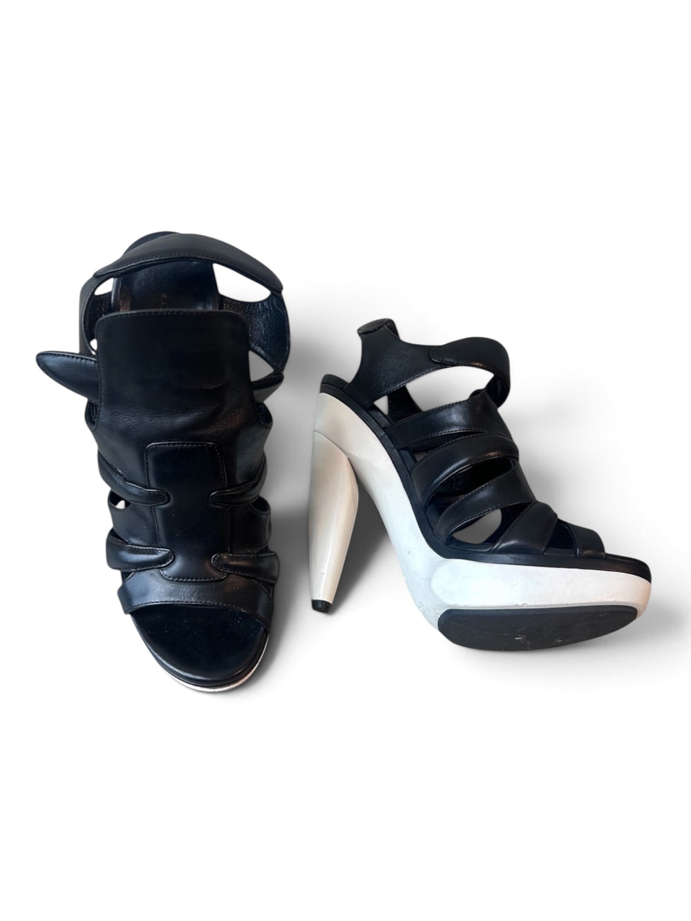 BLACK & WHITE LEATHER CUTOUT CAGE HEELS  @SM
