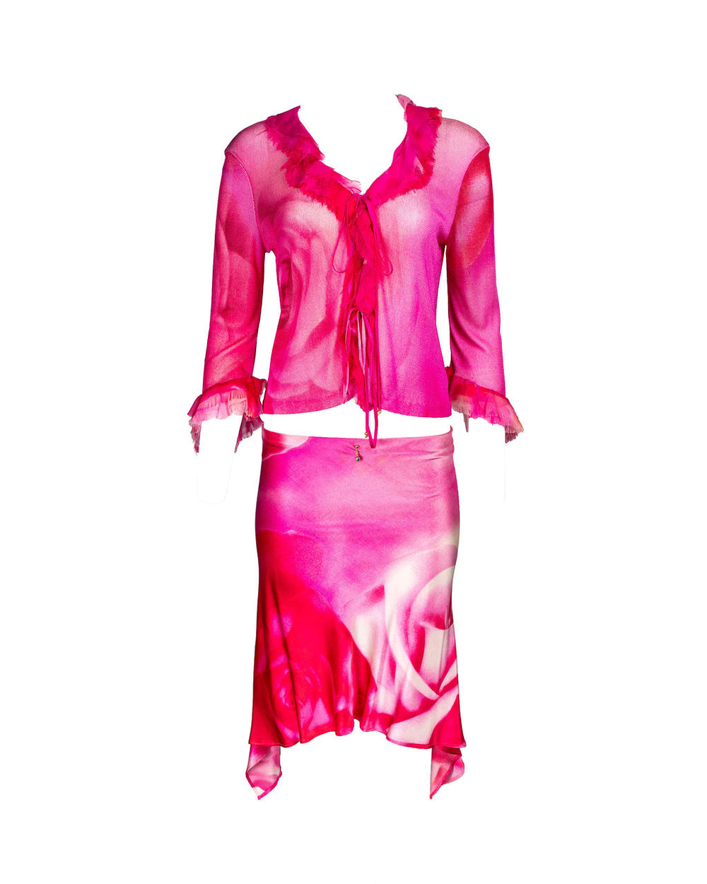 SS00 ROSE PRINTED SILK SKIRT/CARDIGAN SET