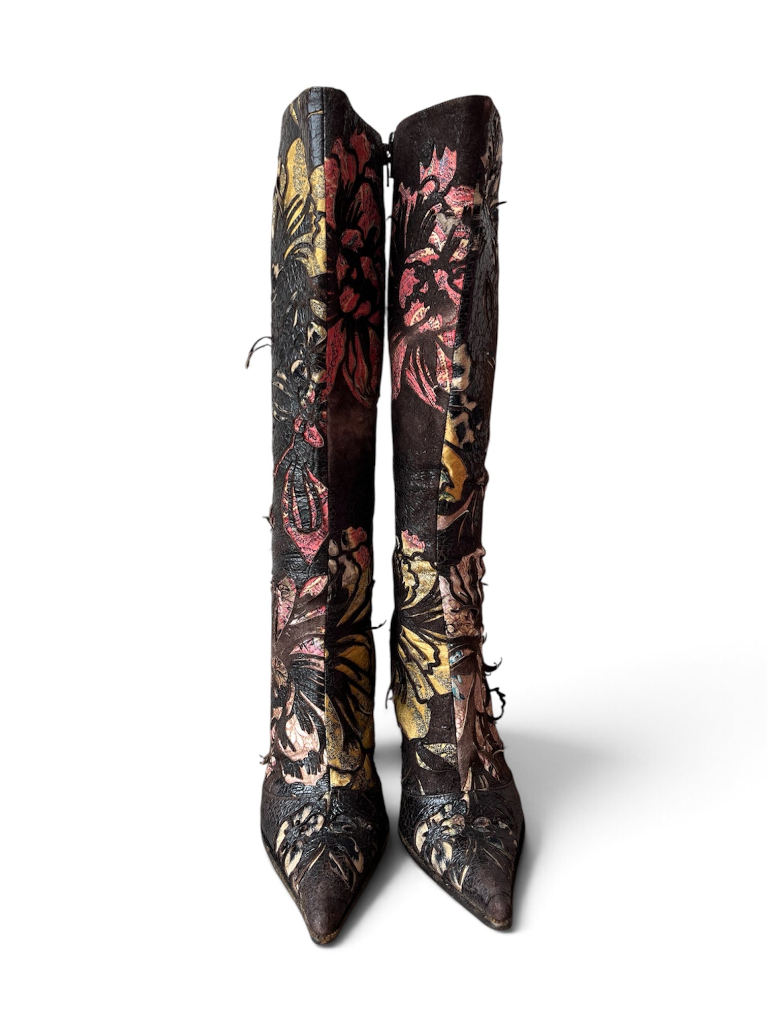 2003 FLORAL BURNOUT LEATHER & SUEDE CALF BOOTS