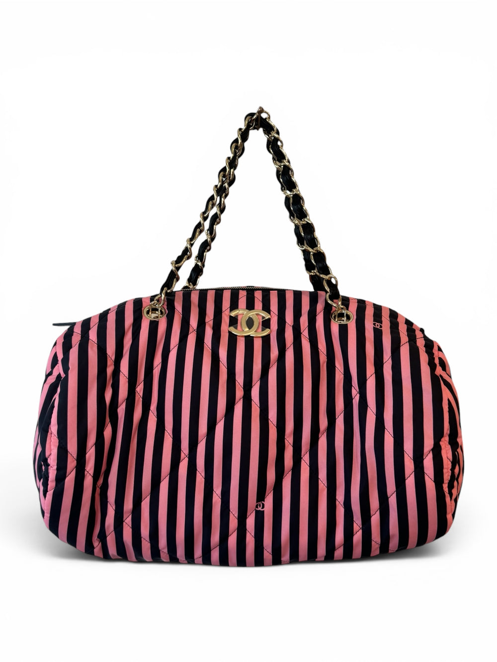 2024 PINK & BLACK STRIPED NYLON BEACH BAG (W STRAP)