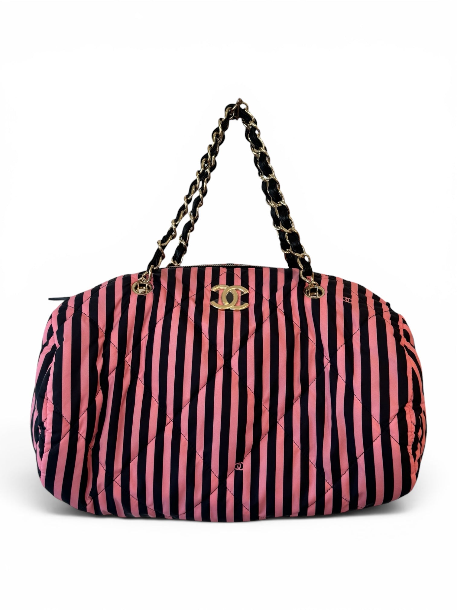 2024 PINK & BLACK STRIPED NYLON BEACH BAG (W STRAP)