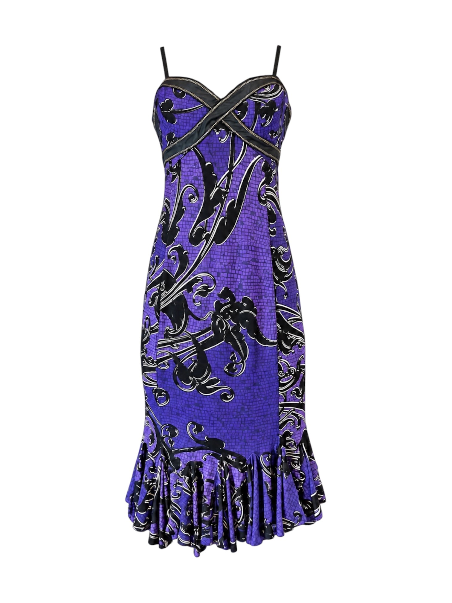 PURPLE & BLACK ORNATE MIDI DRESS W RUFFLE HEM @SM