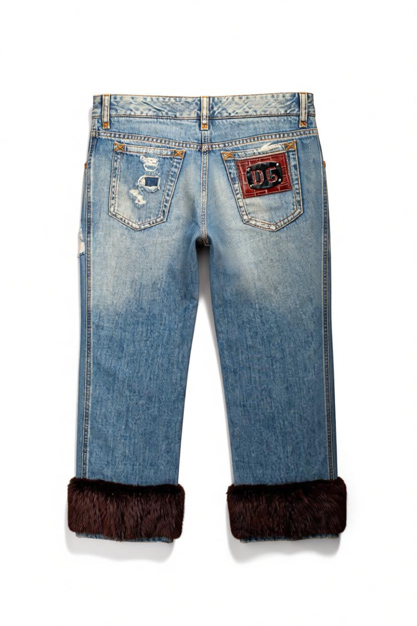 DISTRESSED DENIM CAPRIS W FUR TRIM