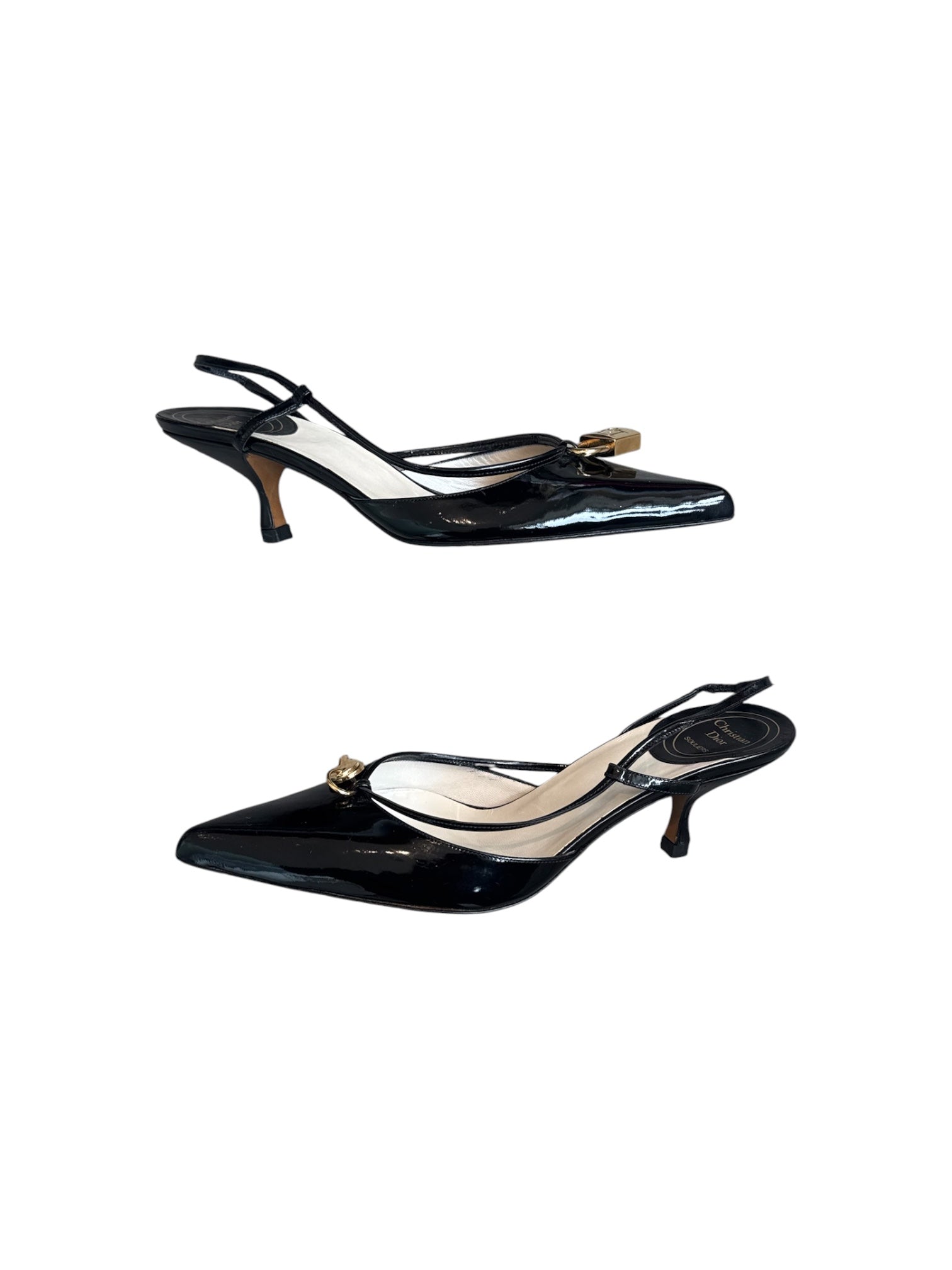 BLACK PATENT SLINGBACK MULES W LOCK AND KEY @FAR