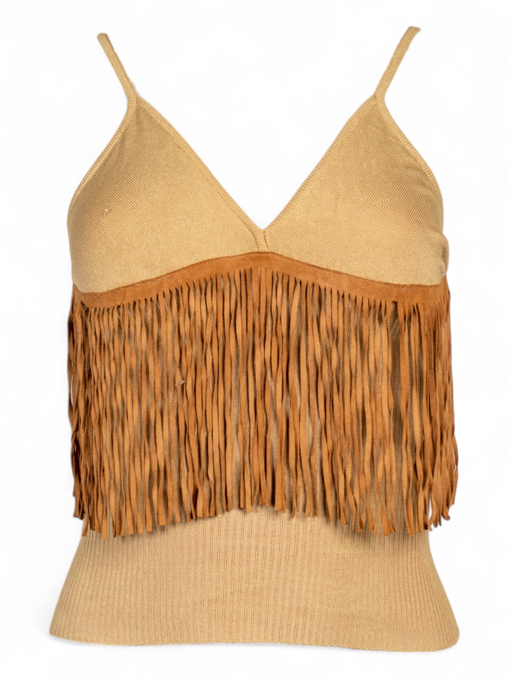 BROWN FRINGE RIBBED TANK TOP