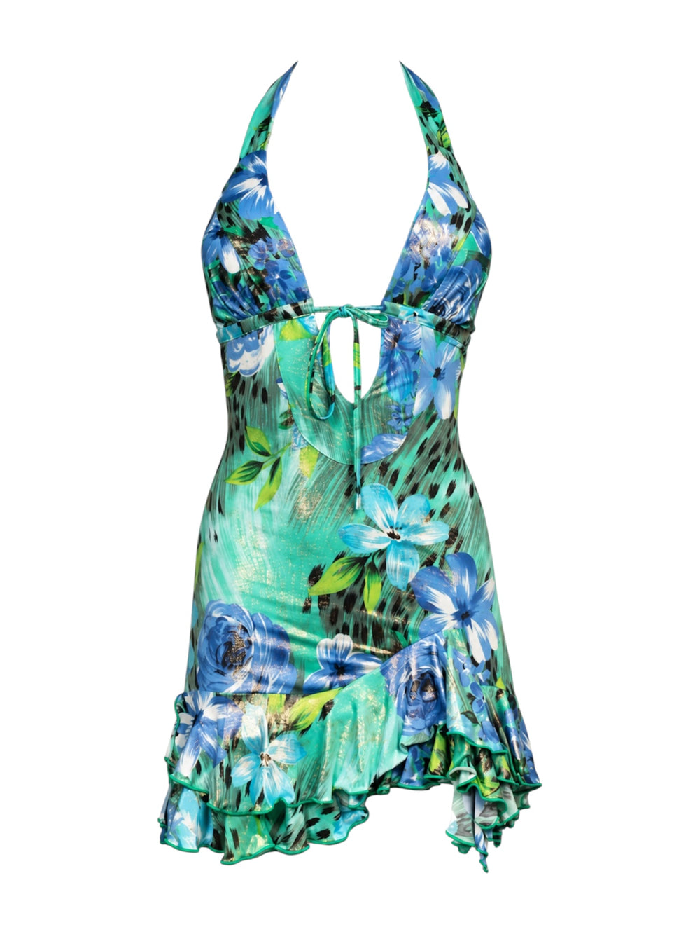 BLUE & GREEN FLORAL PRINT SHIMMER HALTER MINI DRESS