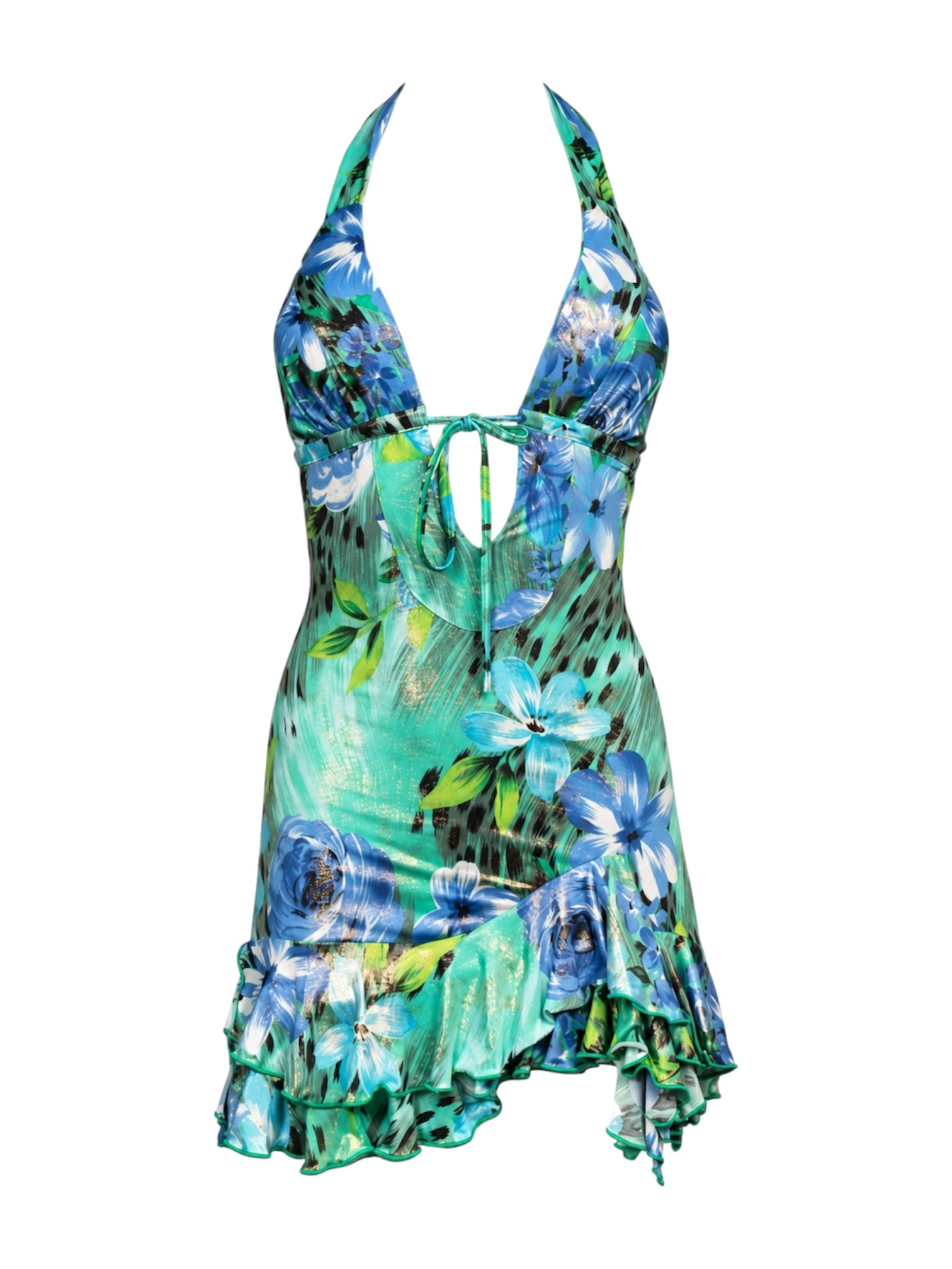 BLUE & GREEN FLORAL PRINT SHIMMER HALTER MINI DRESS