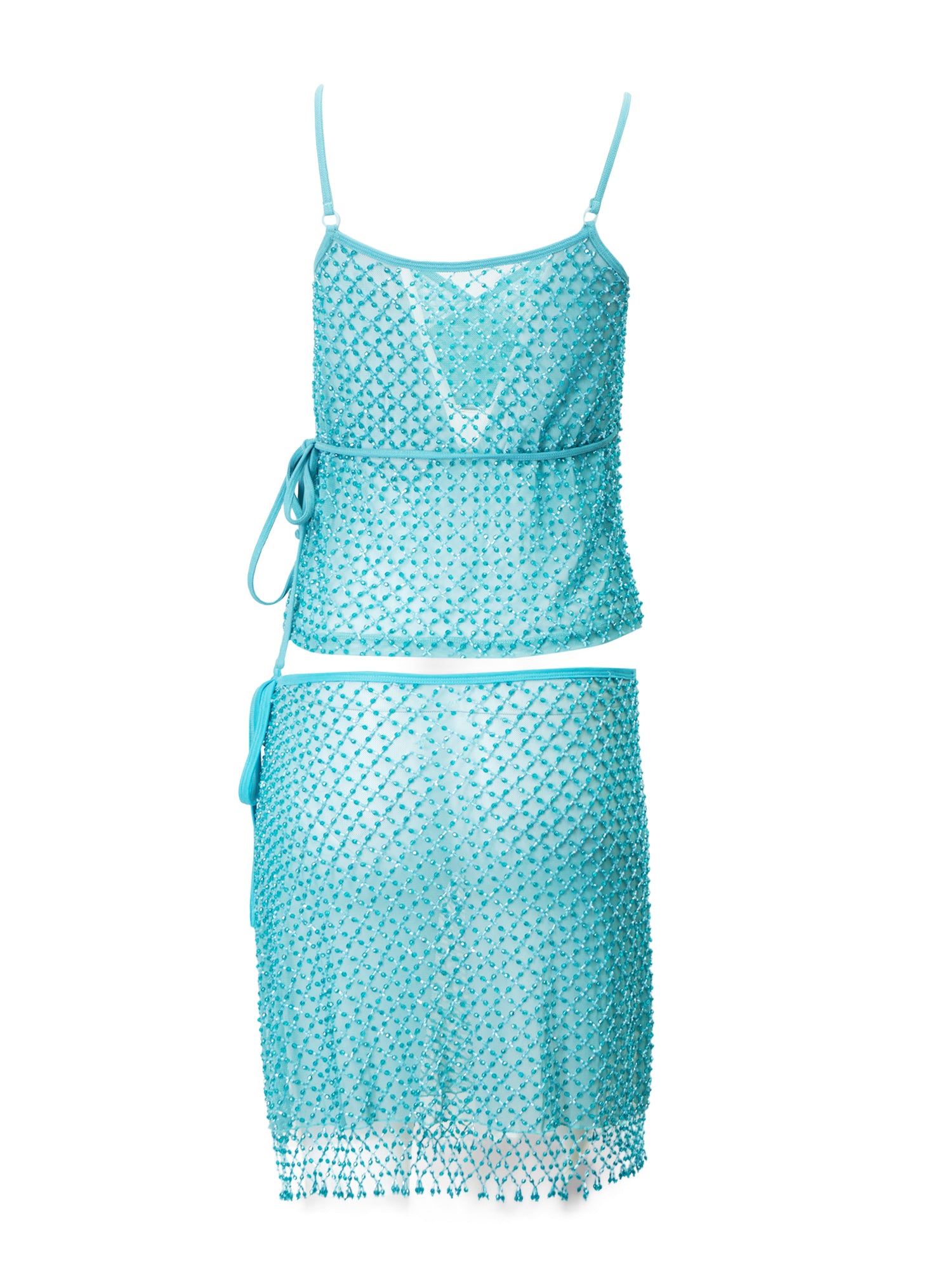 BLUE BEADED SHEER WRAP TOP & SKIRT 2PC SET