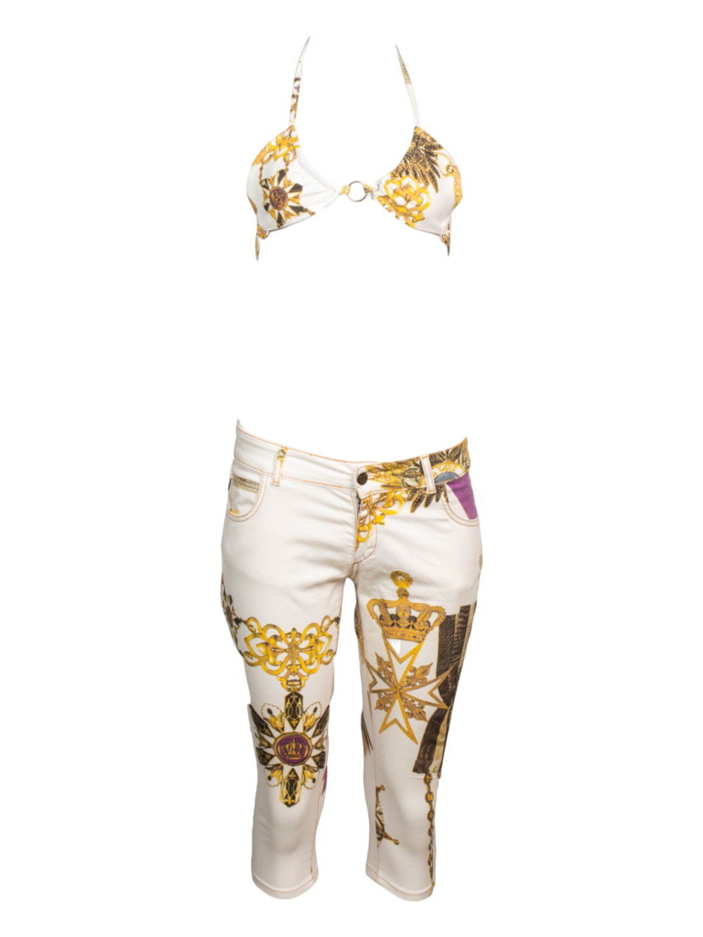 MEDALLION PRINTED WHITE CAPRIS & BRA SET