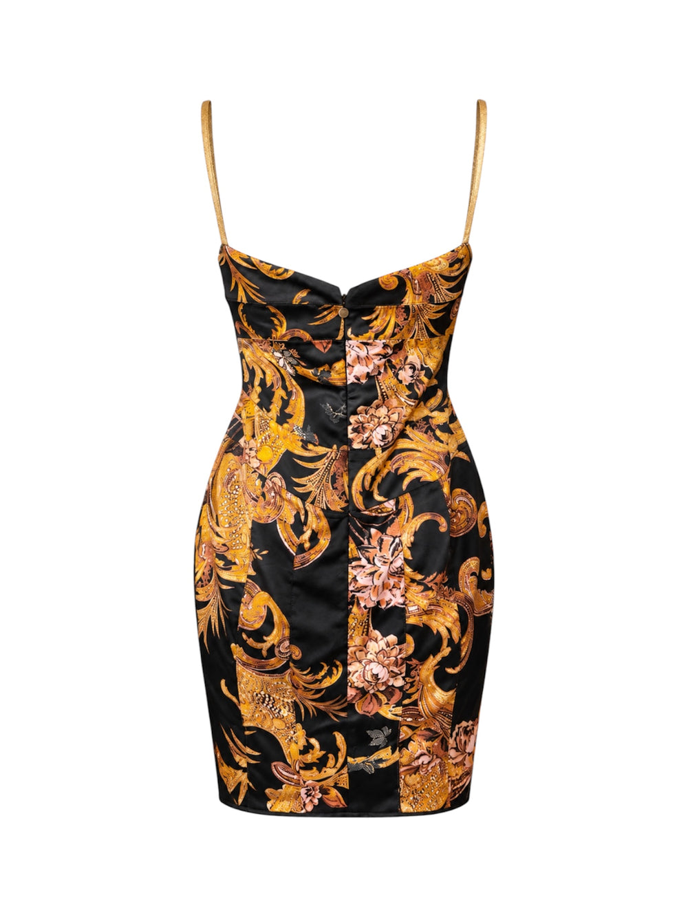 90/00S BLACK & GOLD ORNATE PRINT BUSTIER MINI DRESS @FAR
