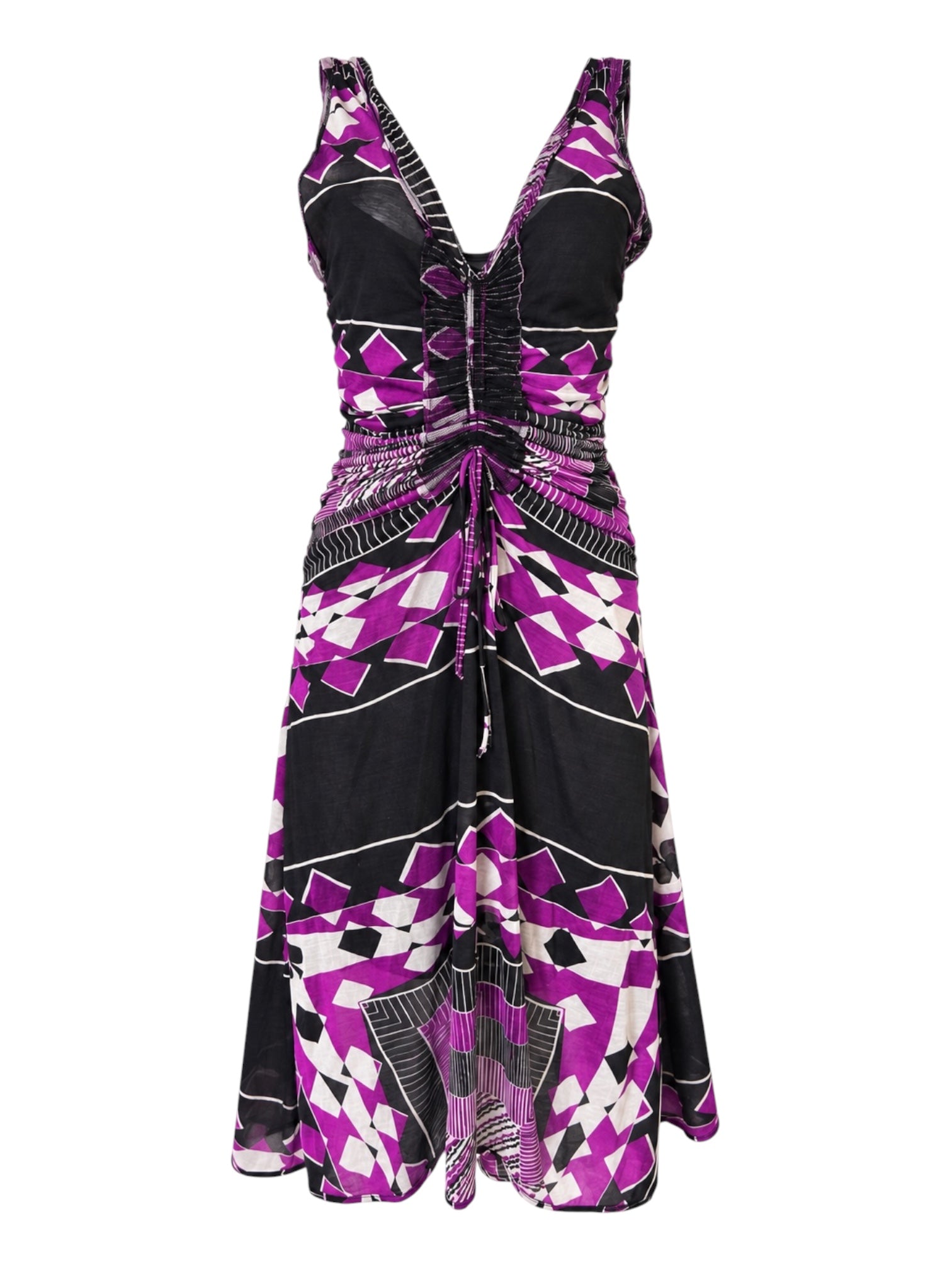 PURPLE/BLACK GEOMETRIC PRINT MIDI DRESS W SLIP @SM